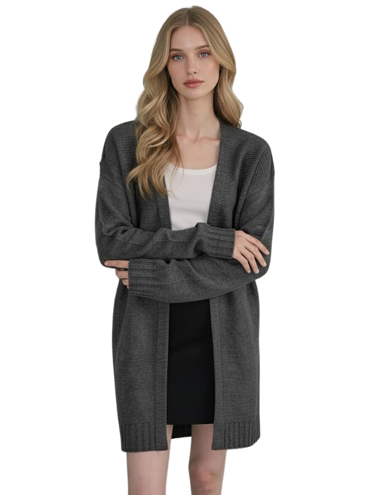 OSABASA Women's Casual Comfortable Fit Open Front Cardigan Long Sleeve Knit Sweater Long Length Outwear