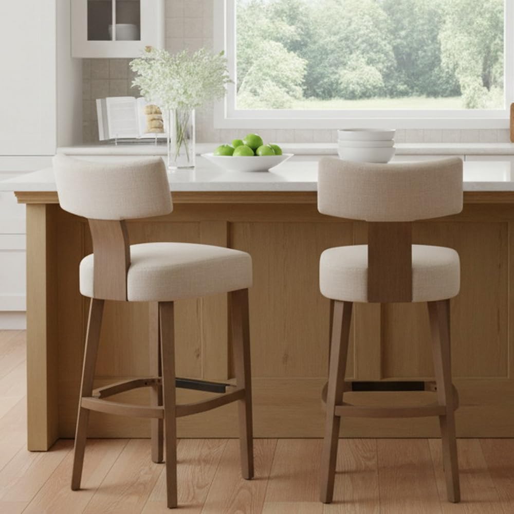 RIVOVA 30” Bar Stools Set of 2 Counter Height Bar Stools Modern Kitchen Bar Stools with Upholstered Back, Farmhouse Upholstered Linen Island Stools Countertop Bar Chairs, Beige