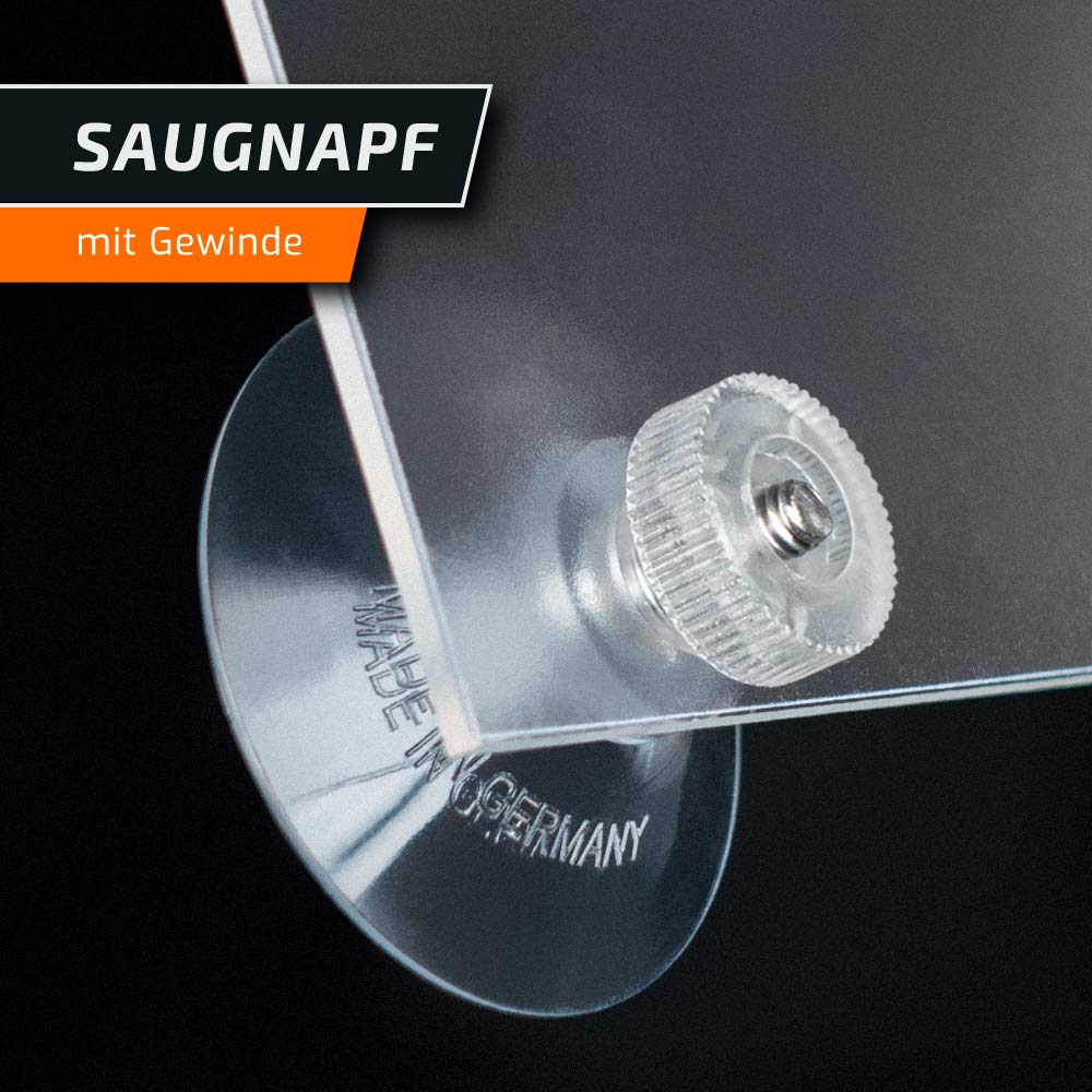 Saugnäpfe Ø 40 mm | M4 Gewinde – Länge 6 mm | V2A Edelstahl | Saugnapf mit Rändelmutter | Saugknopf | Saugnoppen | Ohne Bohren | Made in Germany (Transparente Rändelschrauben, 100)