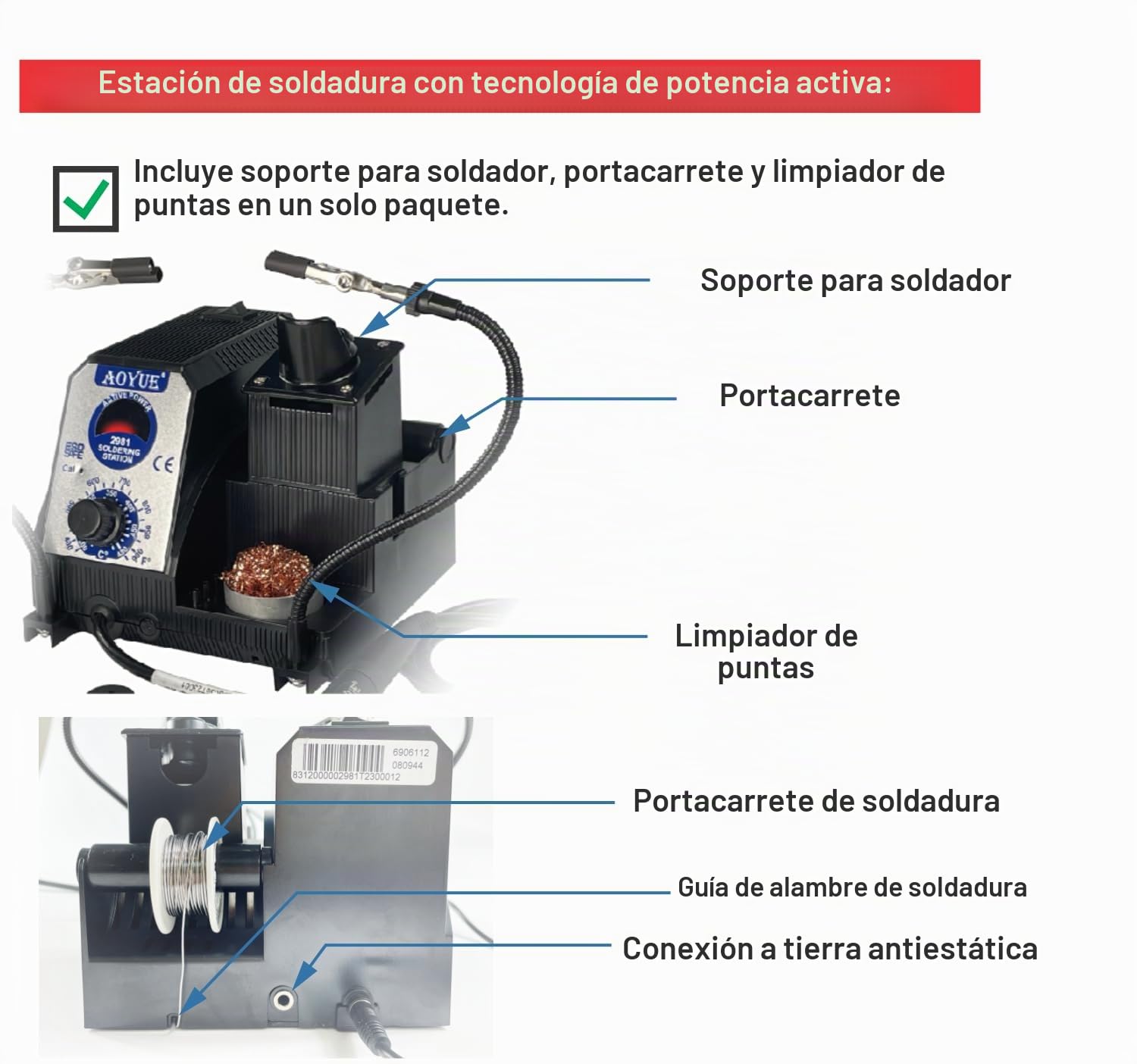 Aoyue 2981 - Kit de estación de soldadura de precisión de calentamiento rápido compatible con puntas de alimentación activas estilo T-12, voltaje seguro de 12 V, limpiador de puntas, soporte de bobina