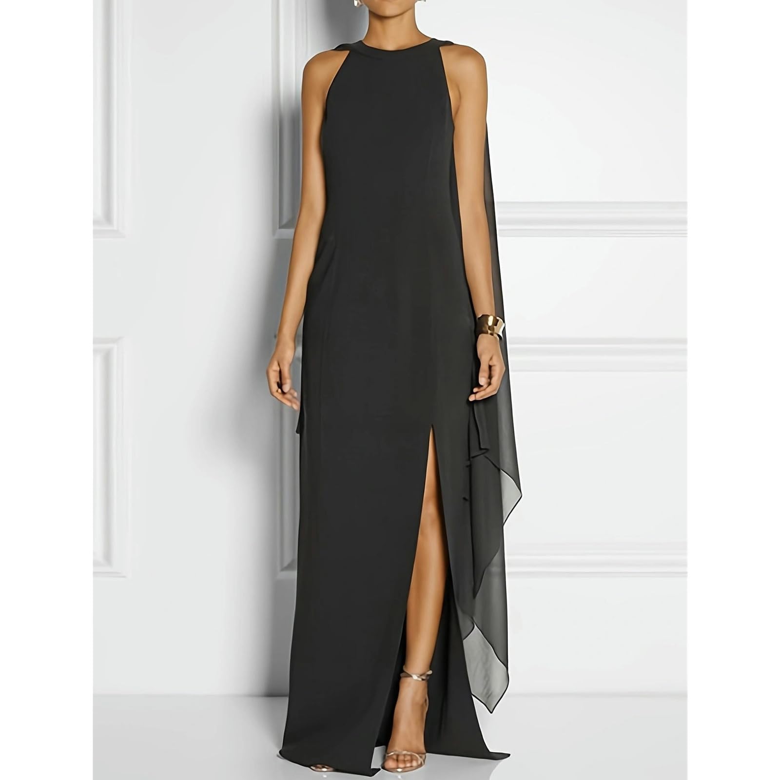 Vestito Lungo Donna Elegante Abito Lungo Senza Maniche con Scollo Alto E Spacco da Donna - Abito da Cocktail Vintage da Sera - Abito Lungo Aderente da Sposa Formale-Nero-s