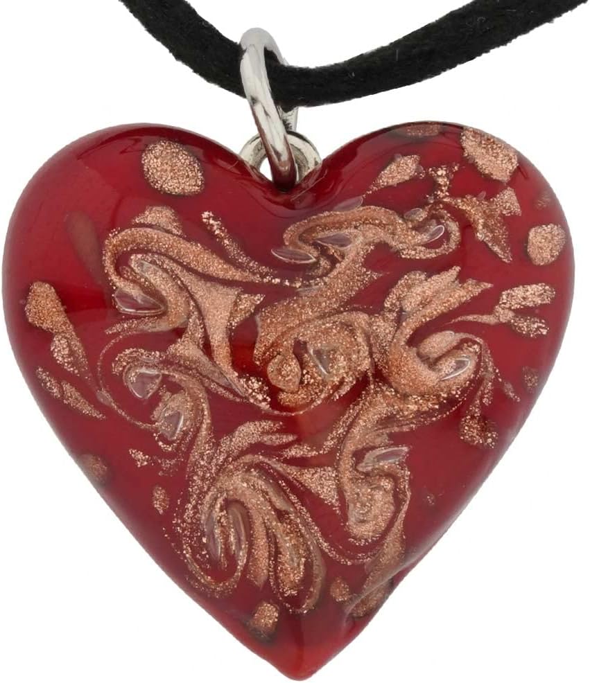 Glass Of Venice Italian Murano Glass Heart Necklace - Gold Sparkling Handblown Heart Pendant On A Cord Made in Venice, Italy - Murano Love Heart Necklace for Women
