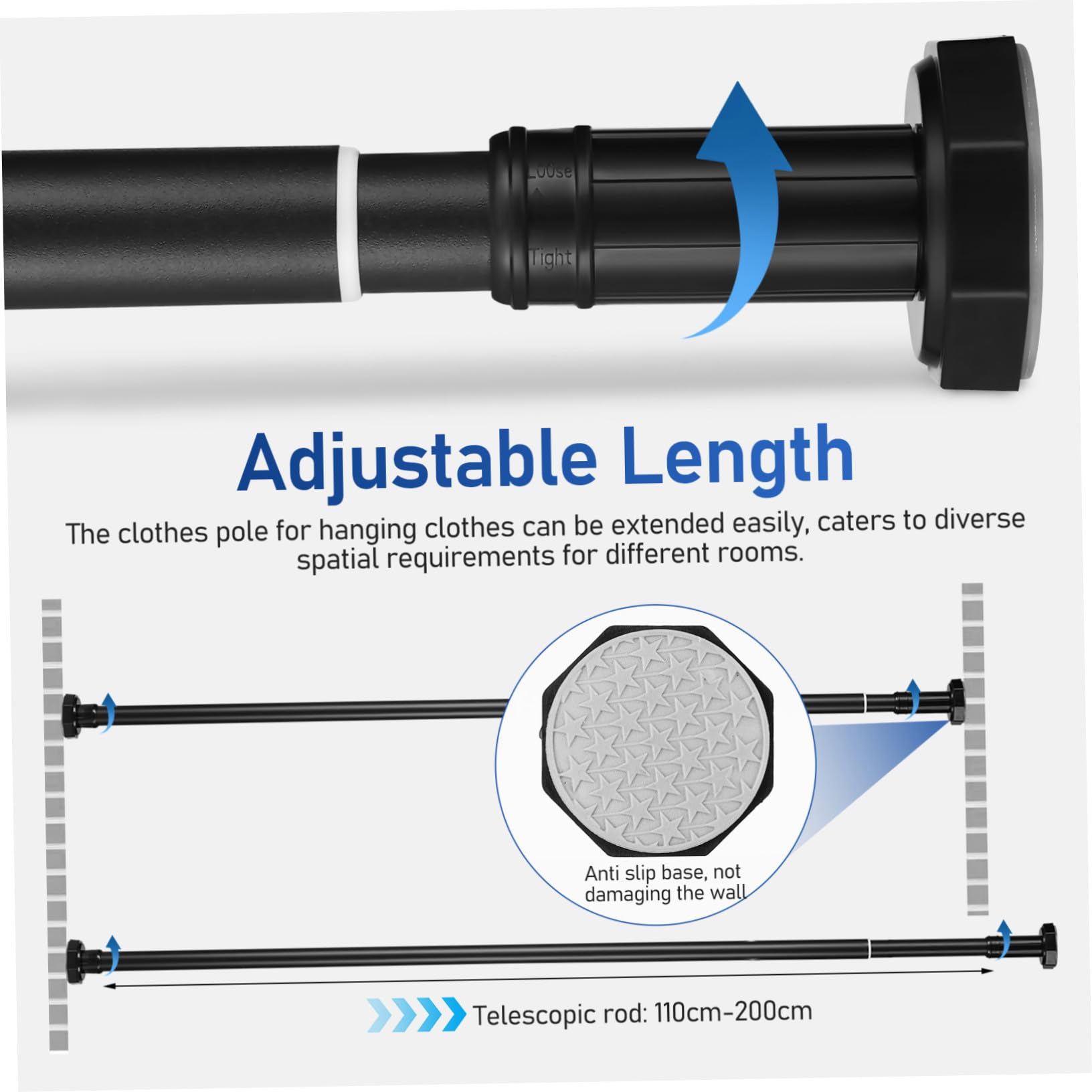 Tringle à Vêtements Extensible Noire en Acier Inoxydable 110-200 Cm