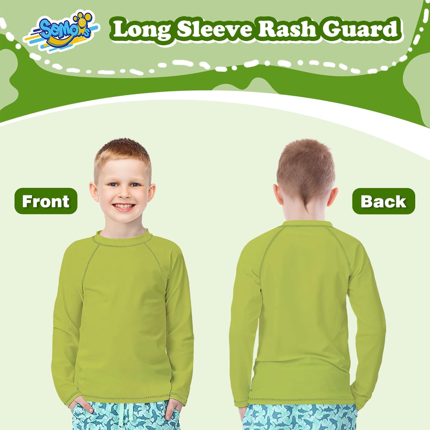 Boys Swim Shirt Rash Guard Long Sleeve for Kids Toddler Rashguard Water UPF+ 50 Swimming Sun Shirt Swimwear Avocado Green Neon Swim Top 5-6Y
