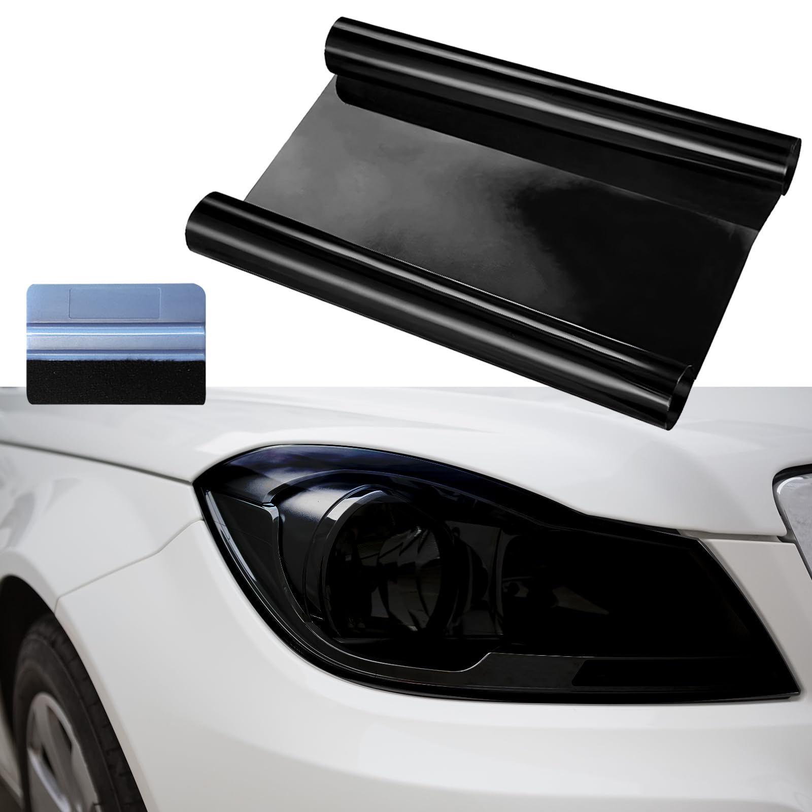 Car Headlight Tint, Waterproof Headlight Tint for Car, Self Adhesive & Cuttable Headlight Tint Film with Squeegee Tool, Suitable for Taillight, Fog Light, 30 X 120CM (Black)