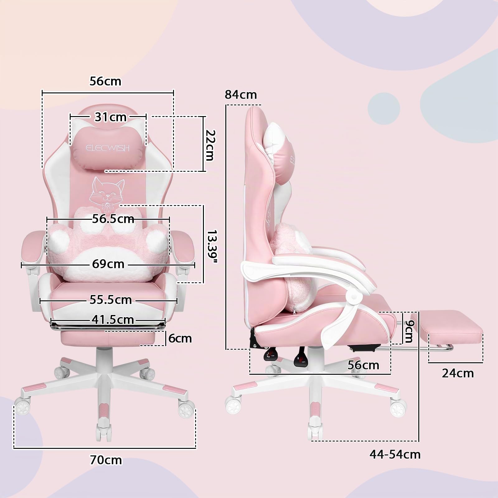YOURLITE Chaise Gaming Rose Chat,Fauteuil Gamer Ergonomique,Rose et Blanc