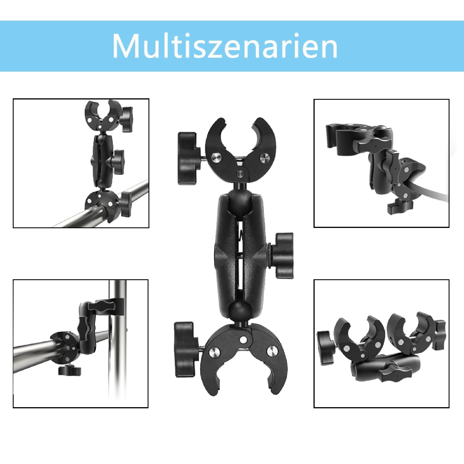 Morsetto Doppio Per Fotocamera - Super Clamp 360° Per Treppiedi, Bici, Moto, Diametro 15-40mm, Nero - Foto 7