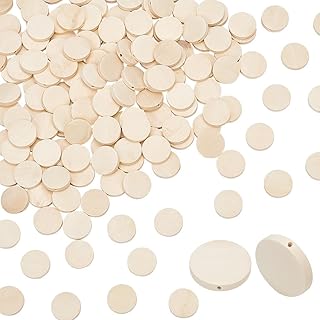 DELORIGIN 150pcs 0.8Inch Round Wood Coin Beads Discs with Hole Unfinished Natural Flat Circle Round Wooden Slices Cutouts Blank Wood Charm Pendants for Board Tags DIY Jewelry Earring Craft Making
