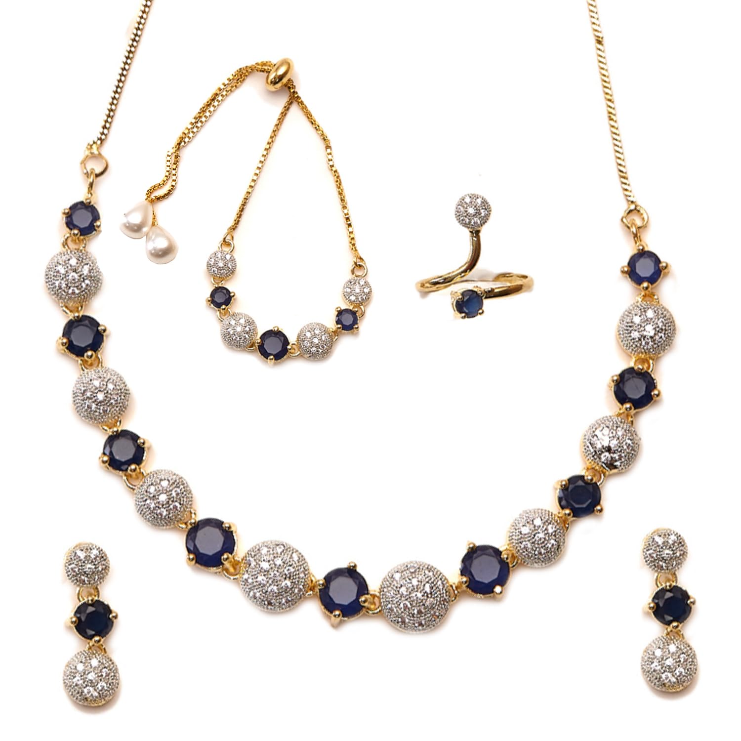 Fashion Cubic Zirconia Gold Plated Choker Necklace Set Ring Bracelet With Earring Jewellery For Women Pack Of 4