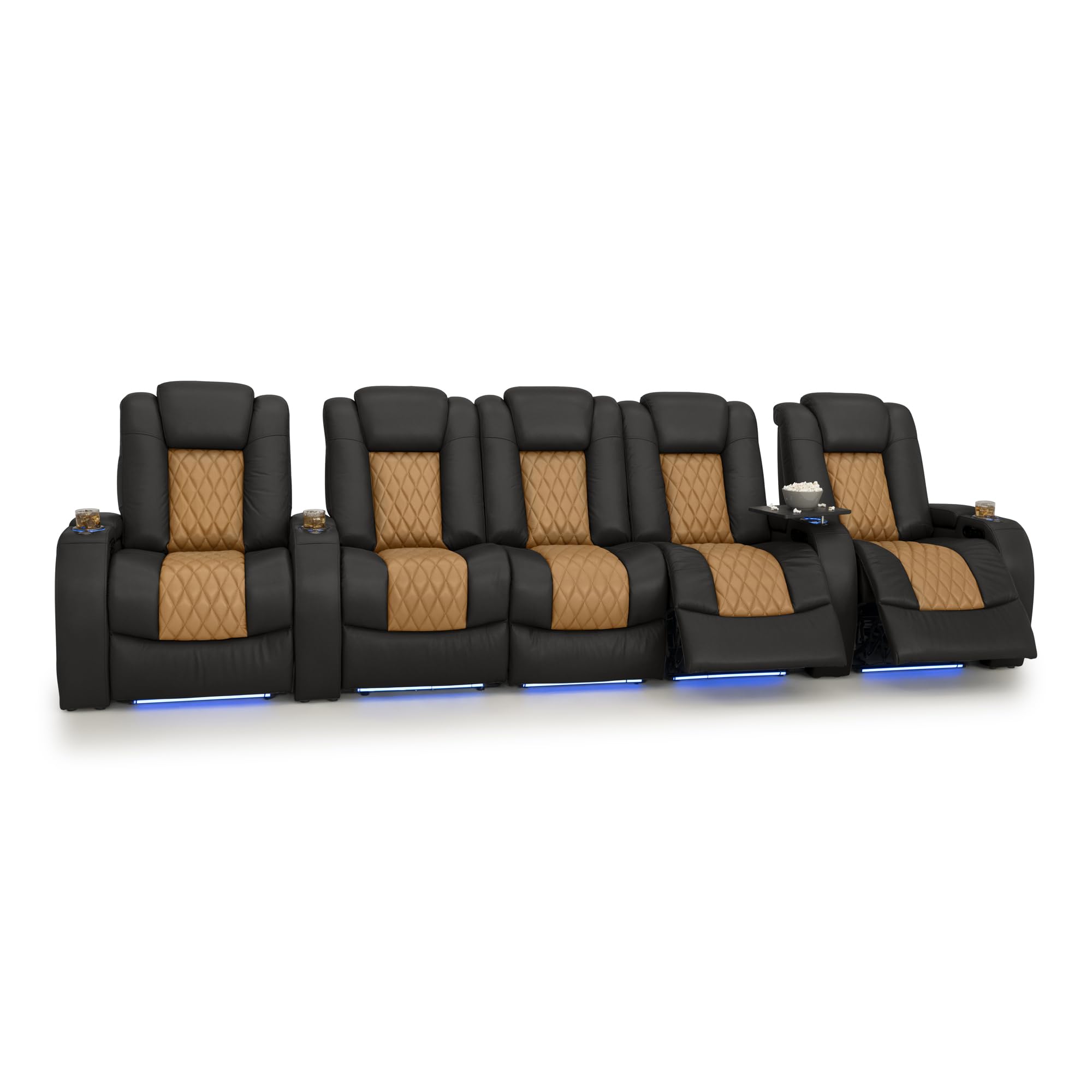 Seatcraft Diamante Home Theater Seating Black/Tan Oak Row of 5 Middle Sofa