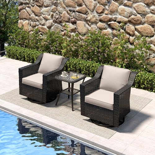 Image of 3 Piece Patio Furniture Set, Wicker Outdoor Conversation Set | Patio Chair Set with Olefin Removable Cushion, All-Weather Glider Swivel Chair Set with Deep Seat for Porch, Deck, Beige