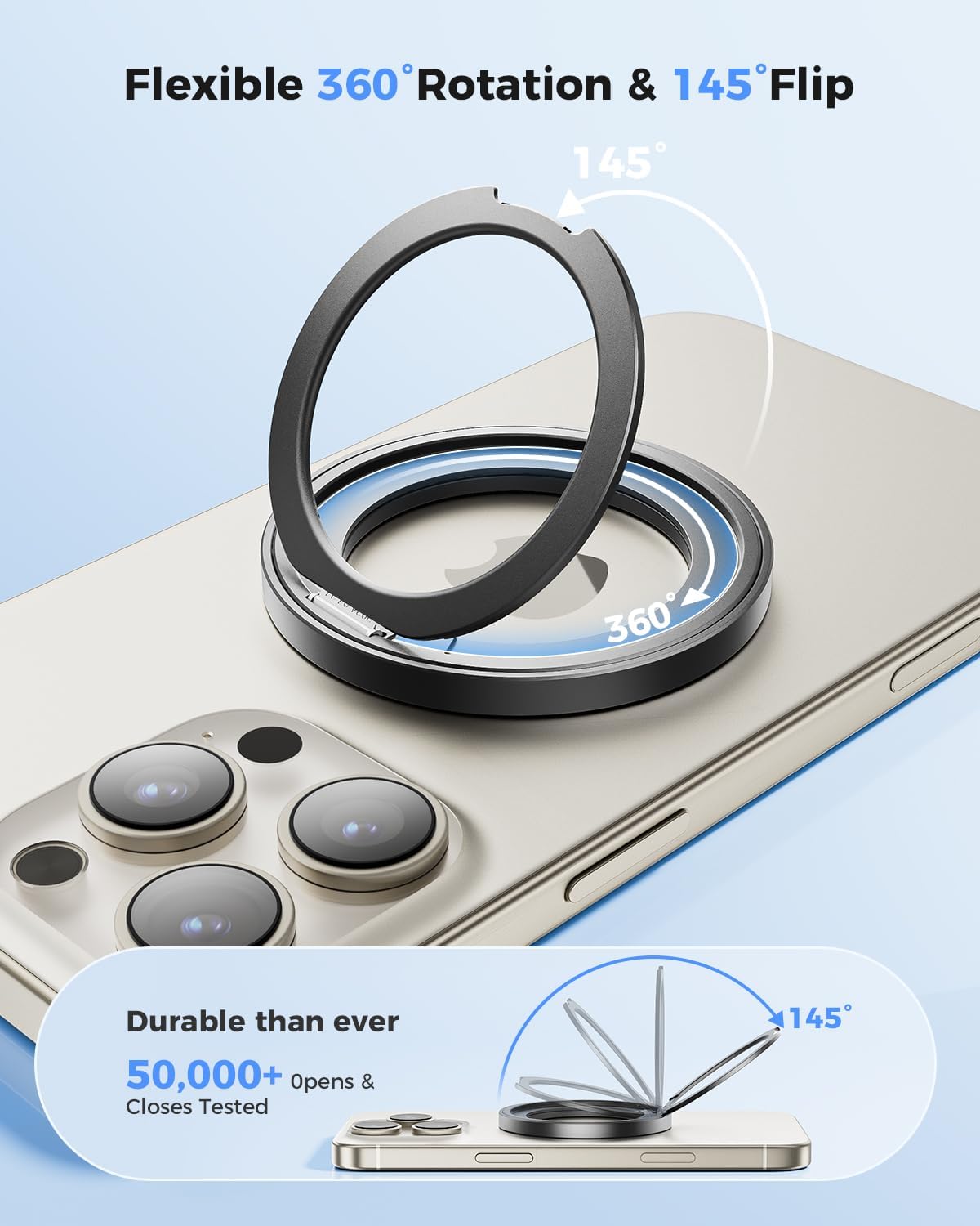 Diagram illustrating the 360 degree rotation and 145 degree flip capabilities of the ring holder's kickstand function.