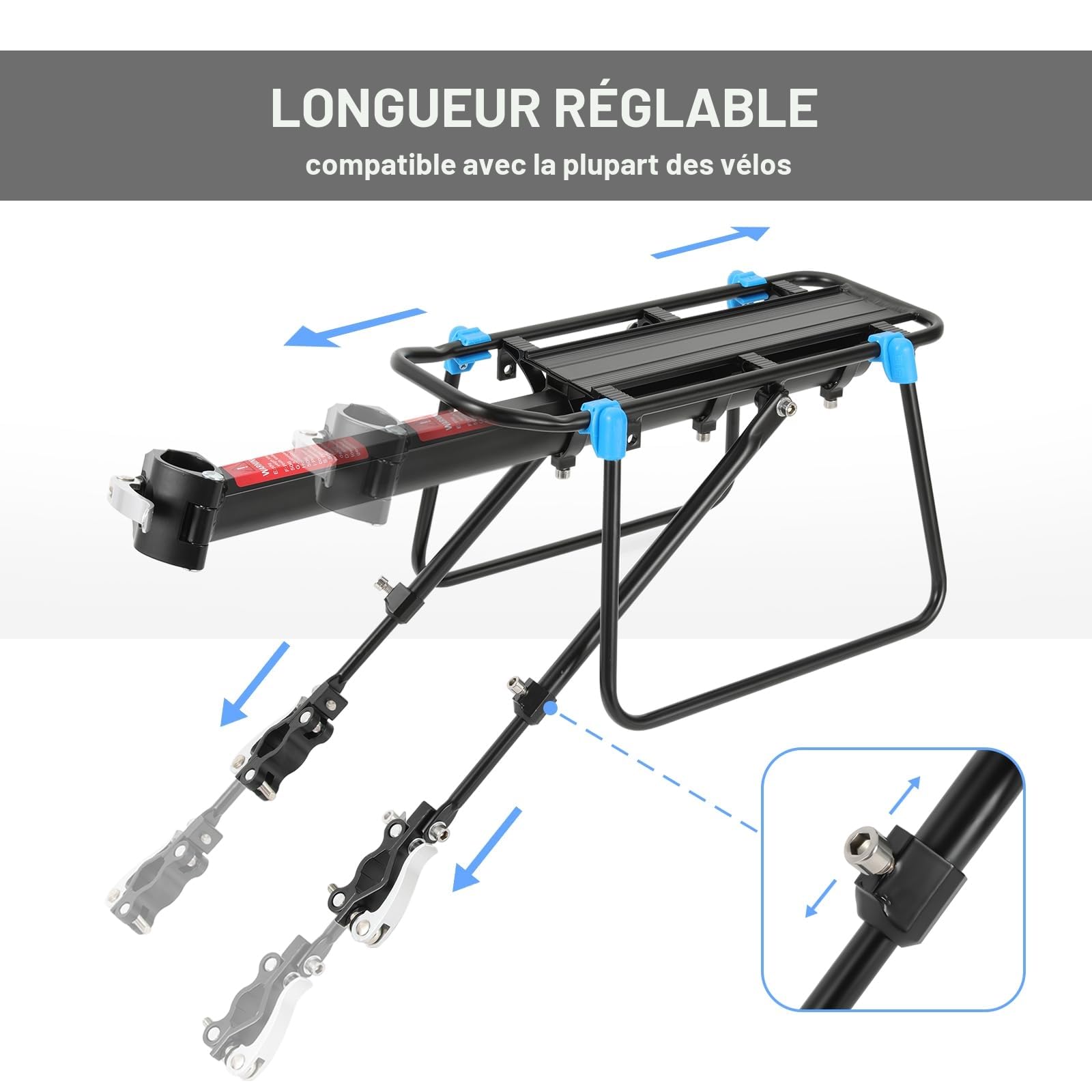 Mimoke Porte-bagages de vélo réglable en alliage d'aluminium avec réflecteur pour VTT de 24 à 29 pouces, fermeture rapide et montage, charge maximale 50 kg