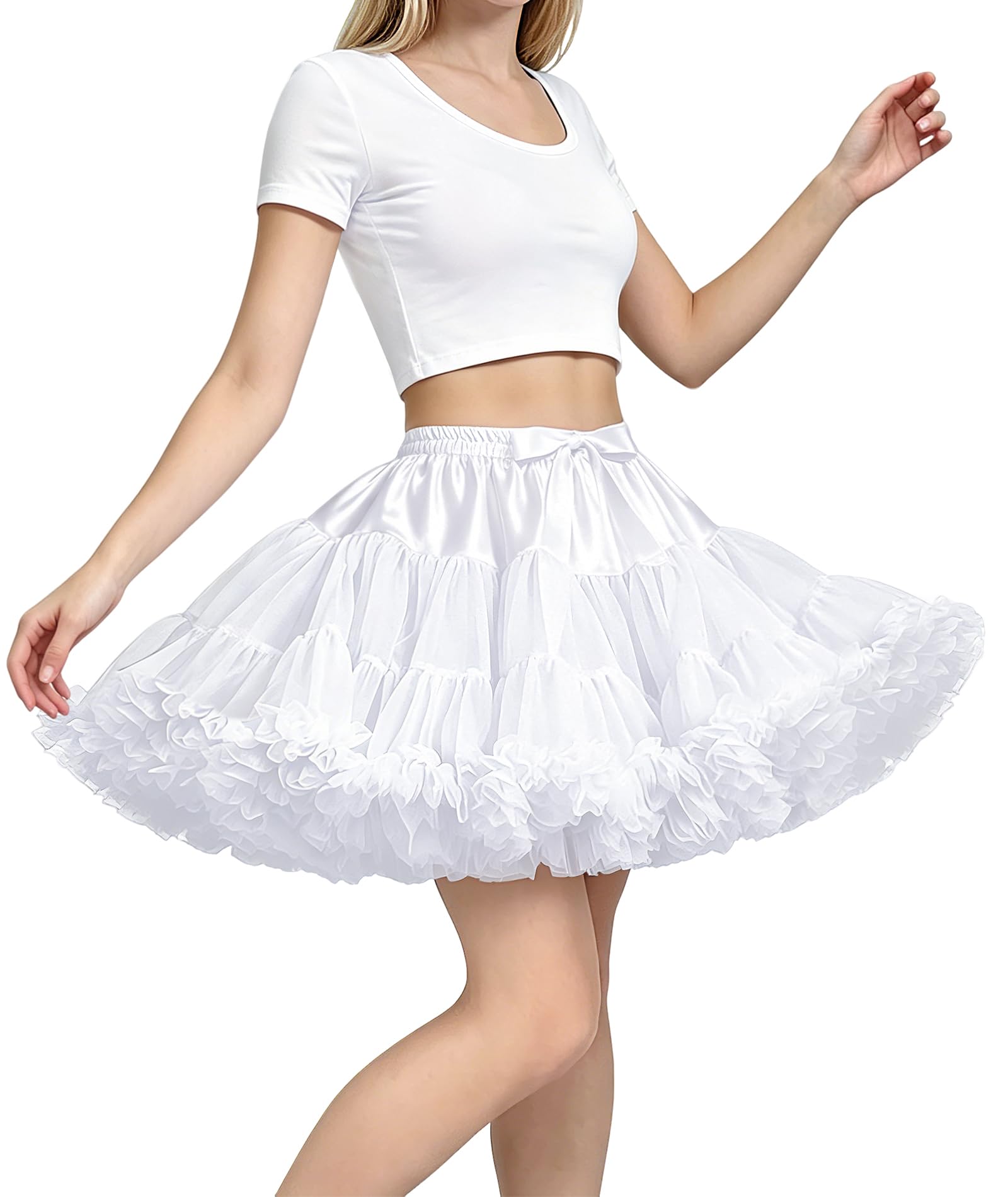 Women's Elastic Waist Chiffon Petticoat Puffy Tutu Tulle Skirt Princess Ballet Dance Pettiskirts Underskirt - White - Medium