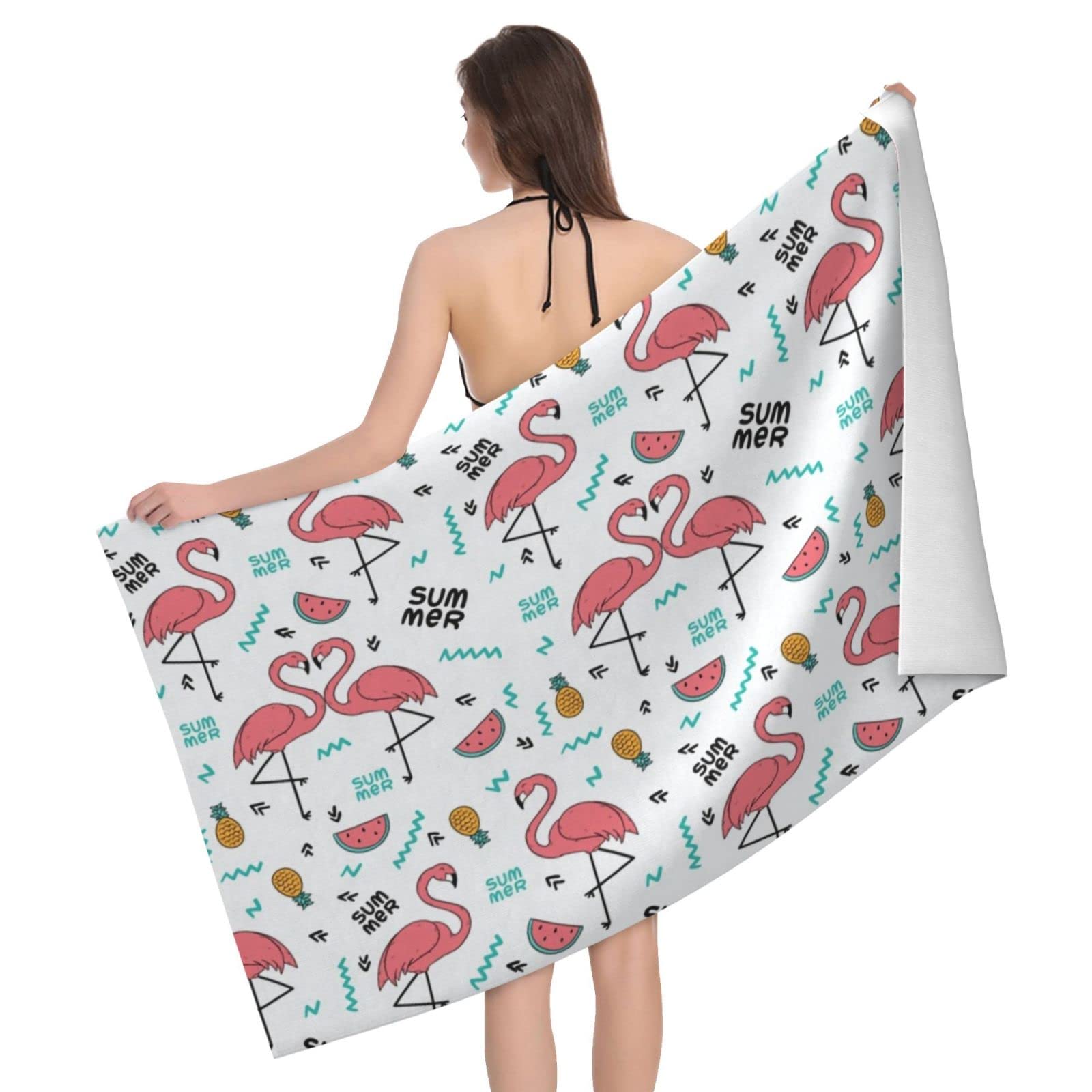 Lawenp Summer Flamingo Pine Beach Towel, Lightweight Sand Free Quick Dry Microfiber Absorbent Bath Towel for Kids, Adults, Swimming, Bath, Yoga, Pool, Travel, Camping 32"X52"
