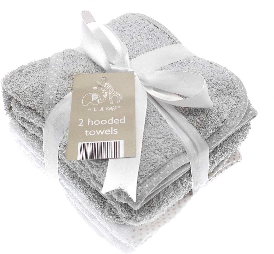 Pack of 2 white and Grey Elli and Raff Baby Hooded Bath Time Towel 100% Cotton Baby Gift