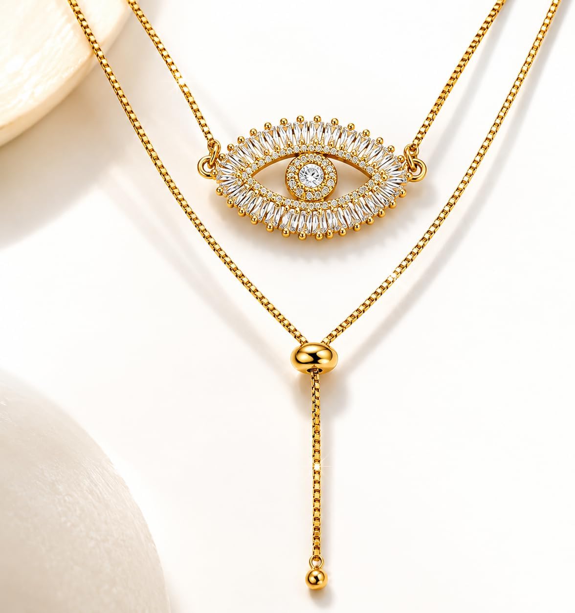 LESLIE BOULES Gold Evil Eye Lariat Necklace for Women 18K Gold Plated Sliding Adjustable Chain Choker Jewelry