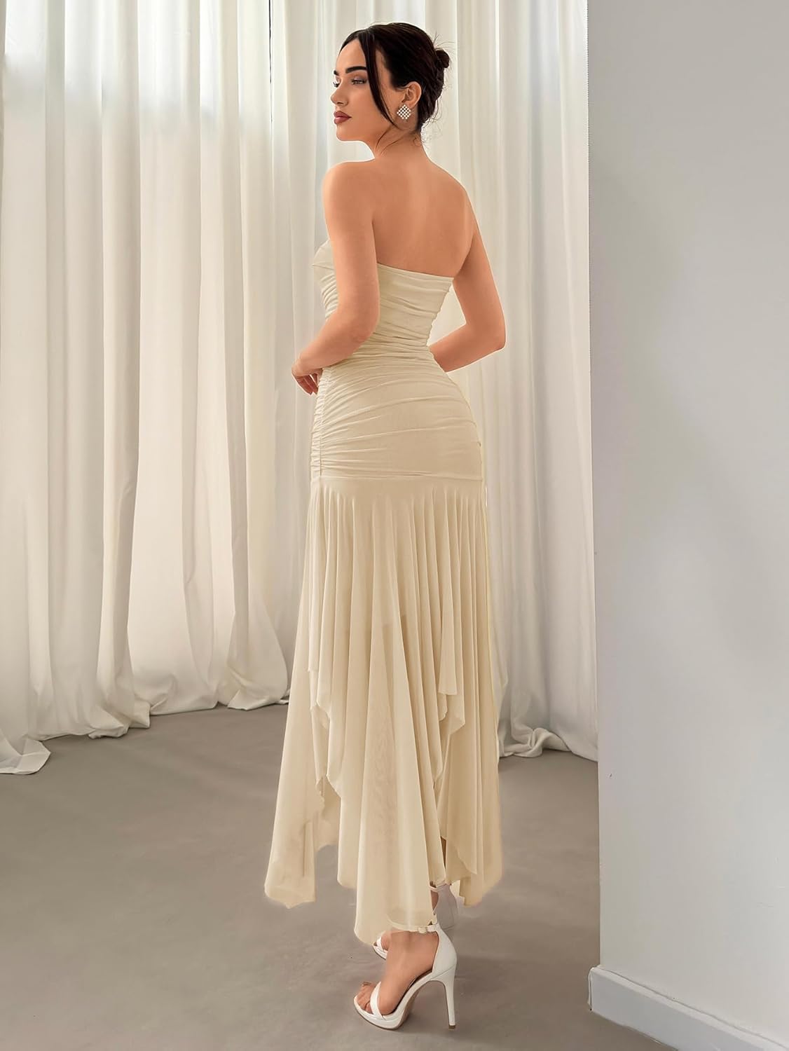 Floerns Tube Tops Dress for Women Asymmetrical Stretch Sexy Ruched Long Bodycon Cocktail Evening Wedding Guest Dress - Image 2