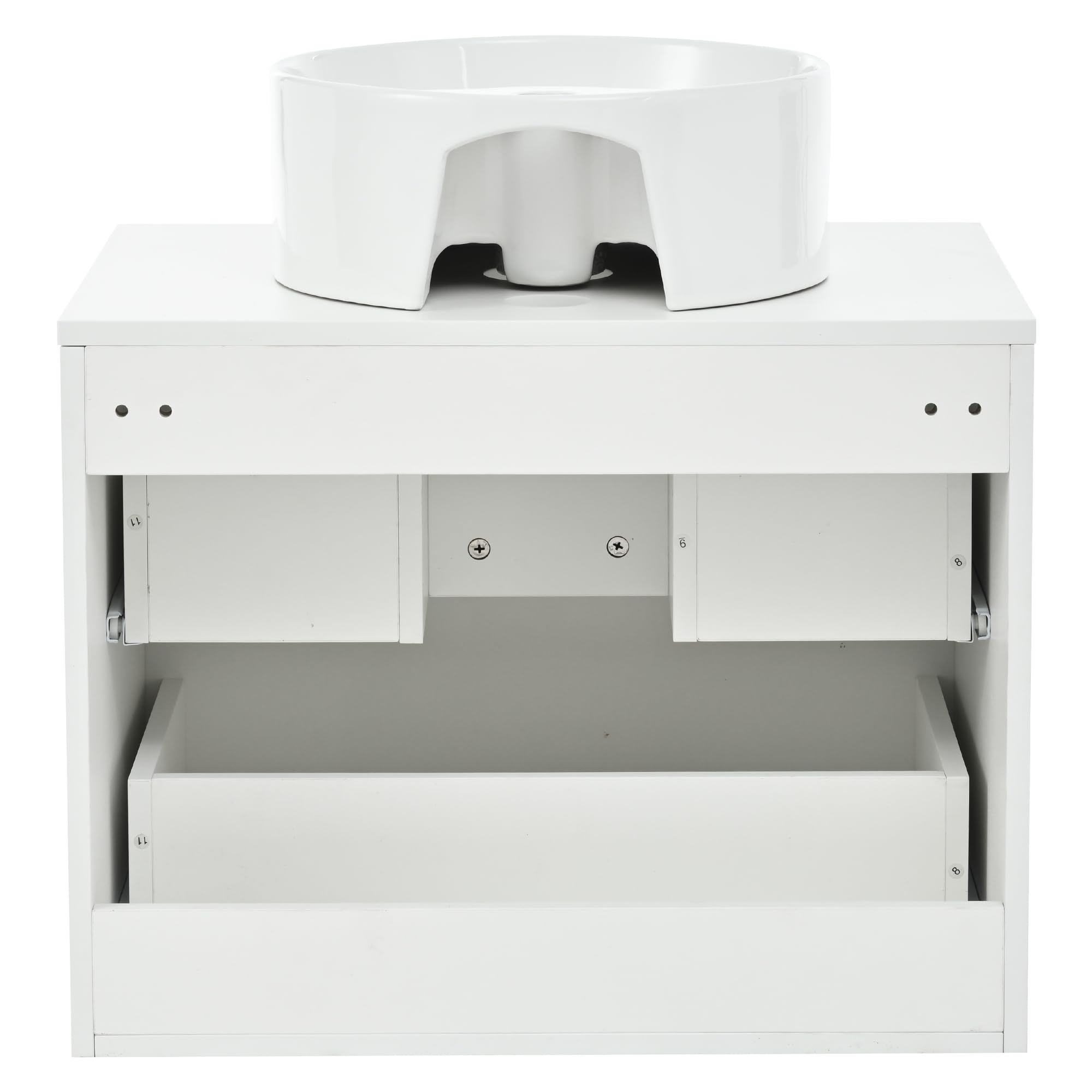 Mueble de baño redondo de cerámica de 60 cm montado en la pared con cajones de madera con diseño de rayas, tablero MDF, capacidad de almacenamiento: 2 cajones + encimera, madera natural