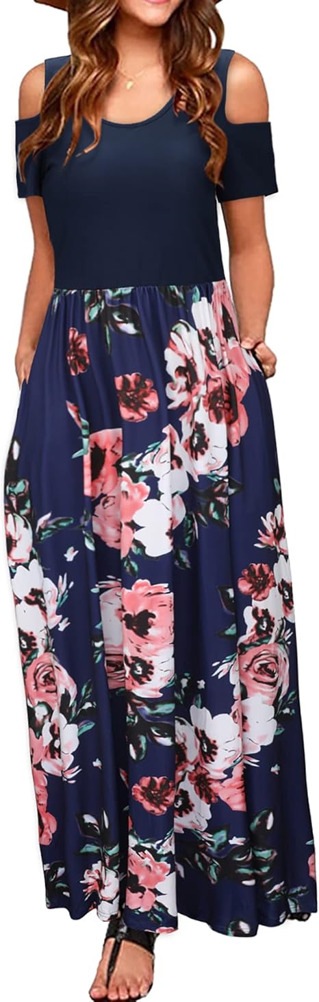 STYLEWORD Women's 2023 Summer Maxi Cold Shoulder Floral Long Dresses with Pocket