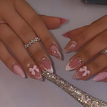 LPOODDNU Almond French Tip Press on Nails - Medium Pink Fake Nails with 3D Bow Diamond Glitter Designs, Glossy Finished Reusable False Nails with Glue Tabs - 24Pcs Nail Kit for Women Manicure