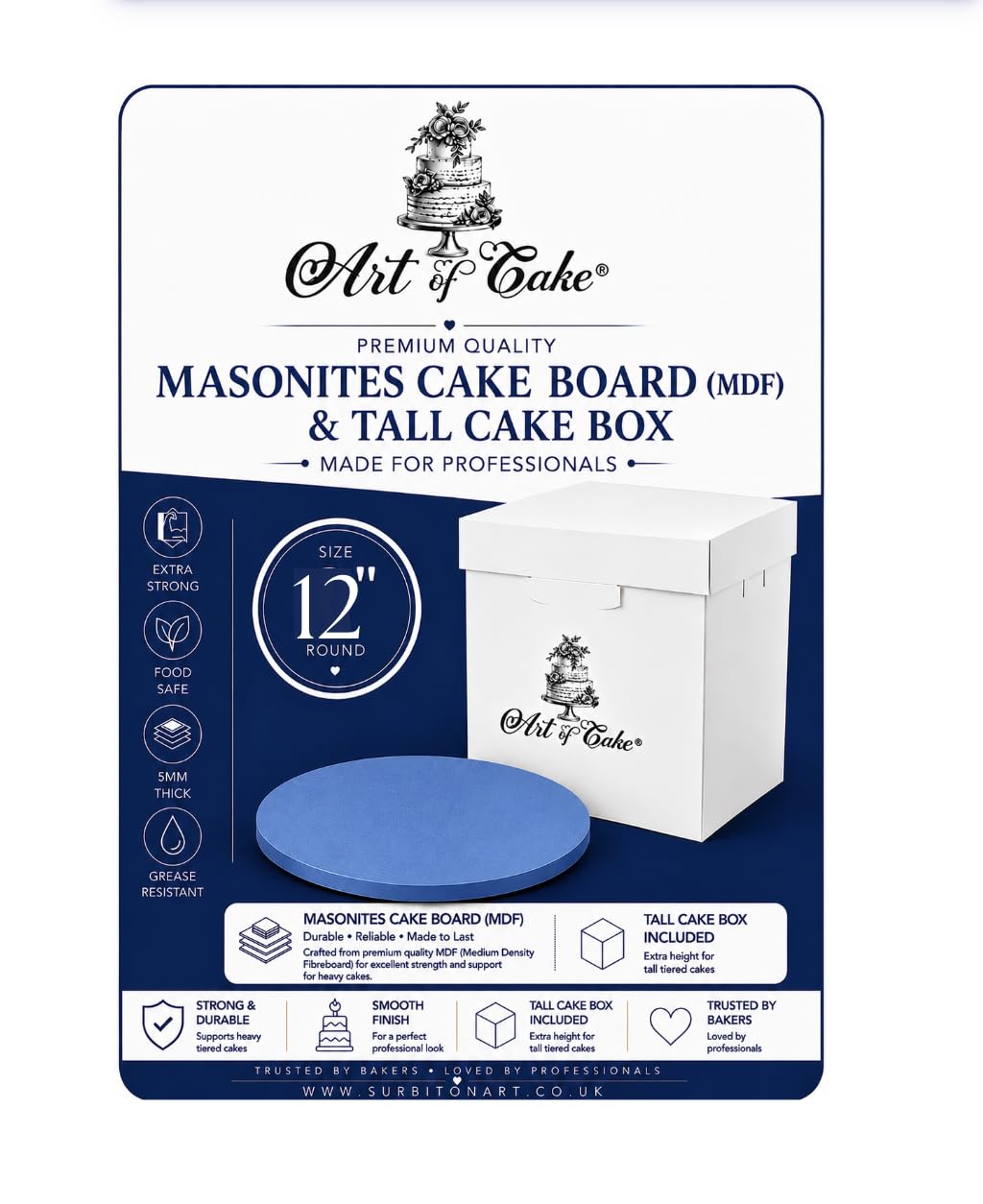 Art of cake® Masonite Cake Board (5mm Thick) and White Tall Cake Box (Blue, 12") — image 1