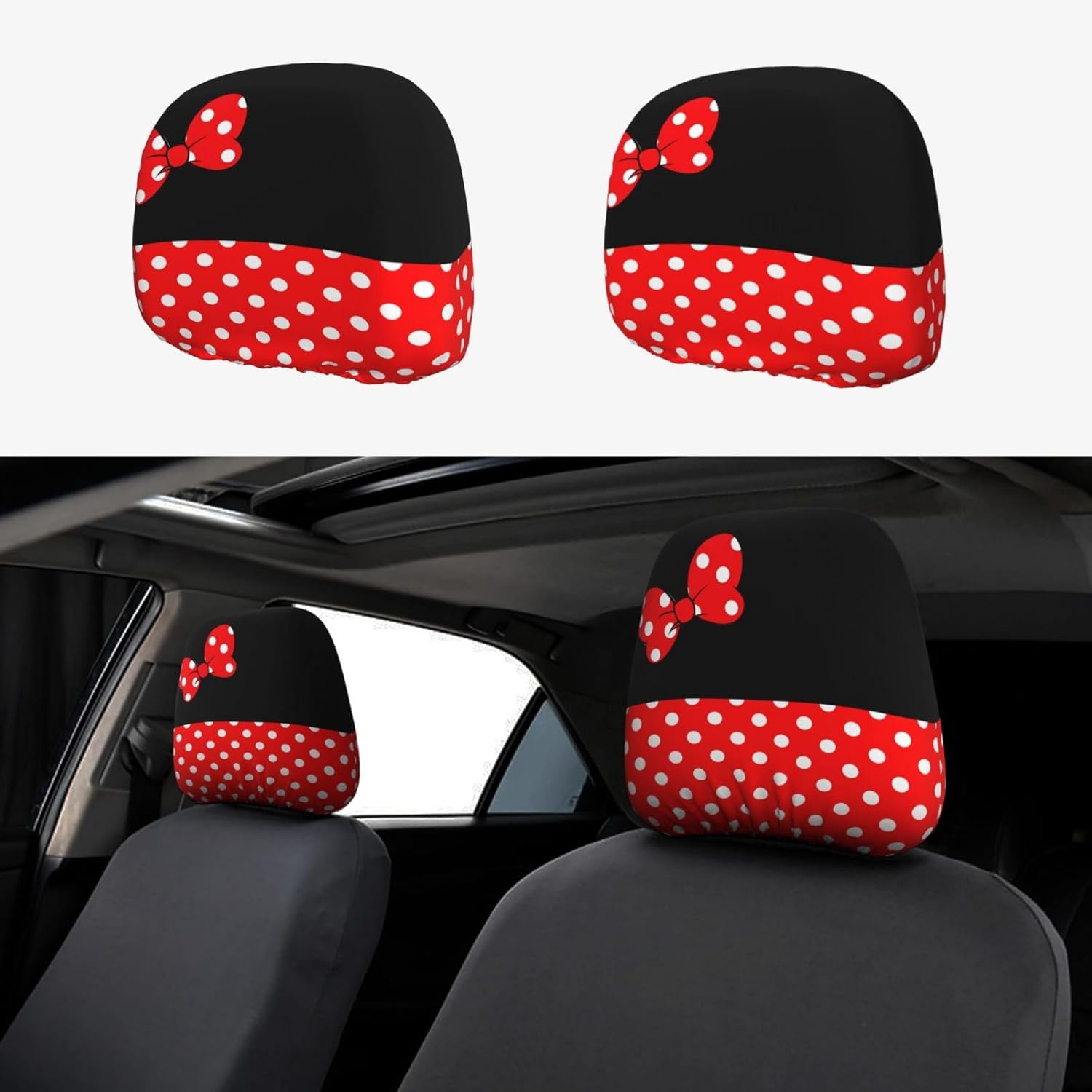 Cute Red Polka Dots Steering Wheel Cover with 2 Pack Car Seat Belt Covers and Car Seat Headrest Cover for Women