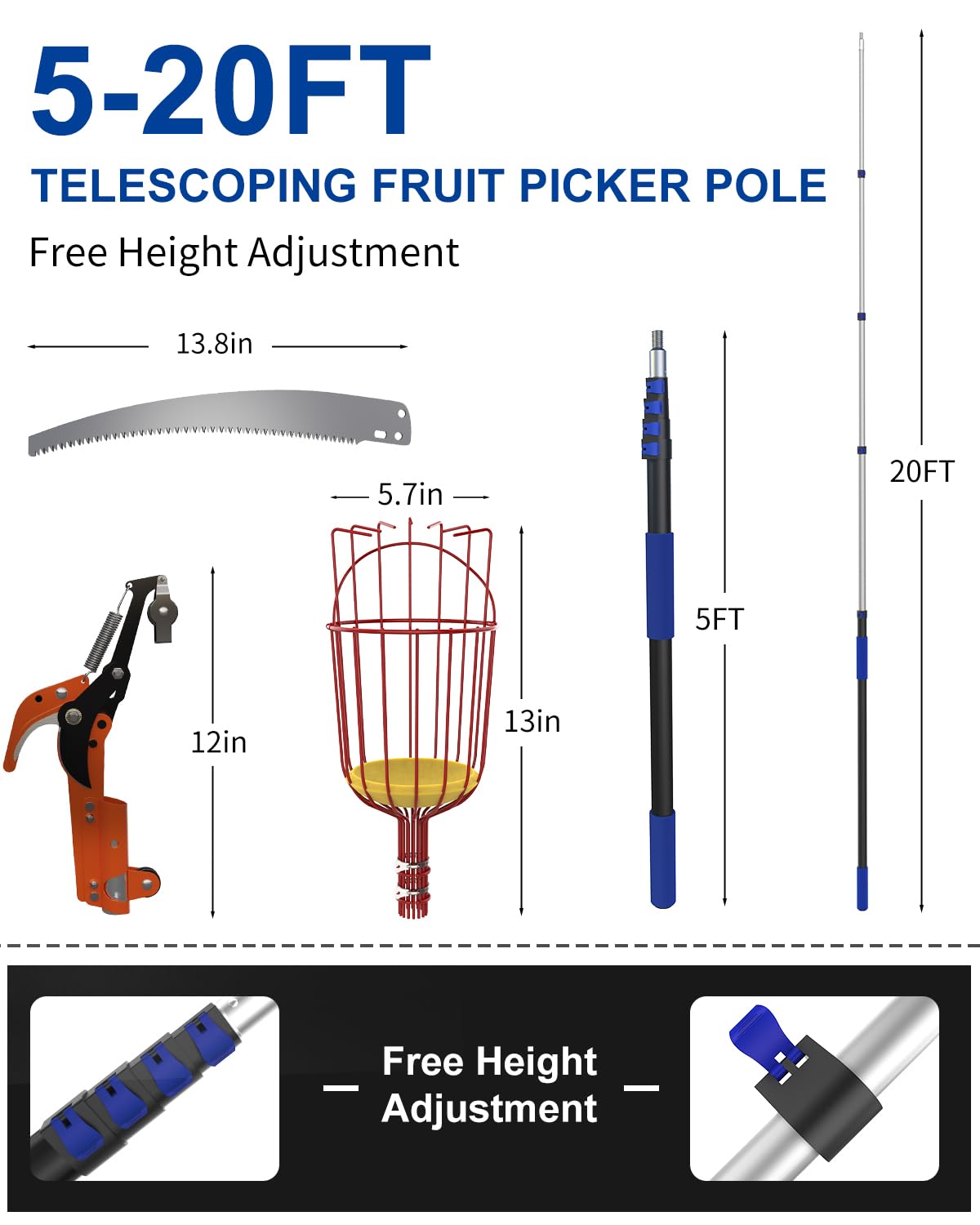 SKGPOLE 26FT Reach Pole Saw, Telescoping Tree Trimmer with 5-20FT Extension Pole, Sharp Steel Blade and Scissors, Fruit Picker, Extendable Long Handle Tree Pruner for Yard Garden Trees Palms Shrubs