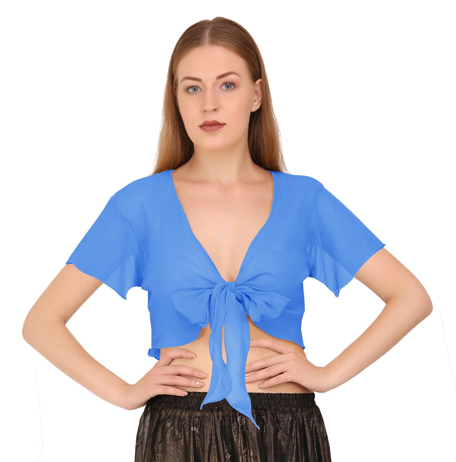 Indian Trendy Women's Chiffon Short Sleeve Tie Top Choli Blouse Belly Dance Gypsy Tie Front Cardigan Tops