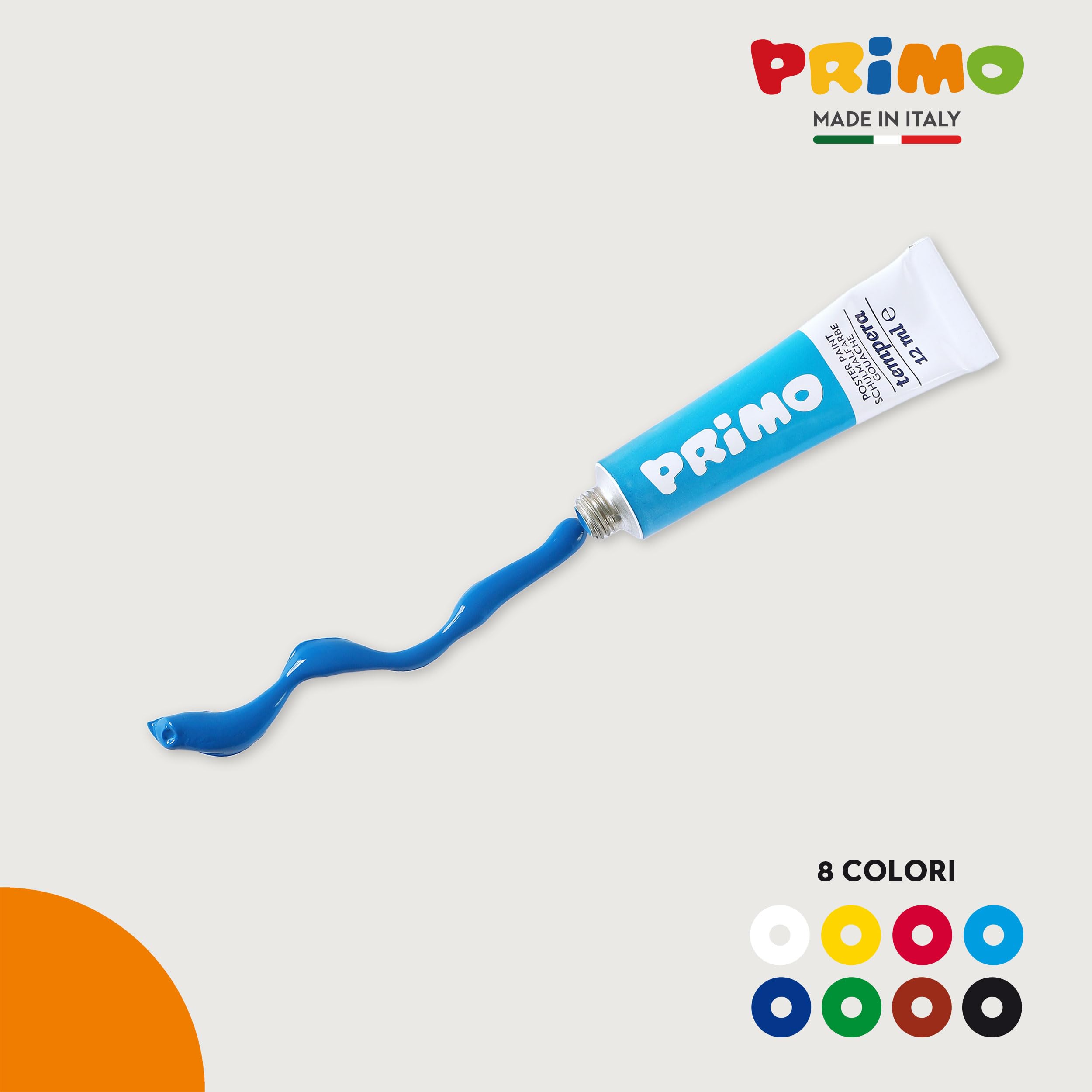 PRIMO - Tempere per Bambini +3 Anni, 8 Tubi da 12 ml, Colori Diluibili con Acqua, Colori a Tempera Fine Densi e Coprenti per Tessuti, Carta, Vetro, Lavoretti Creativi per Bambini e Hobby