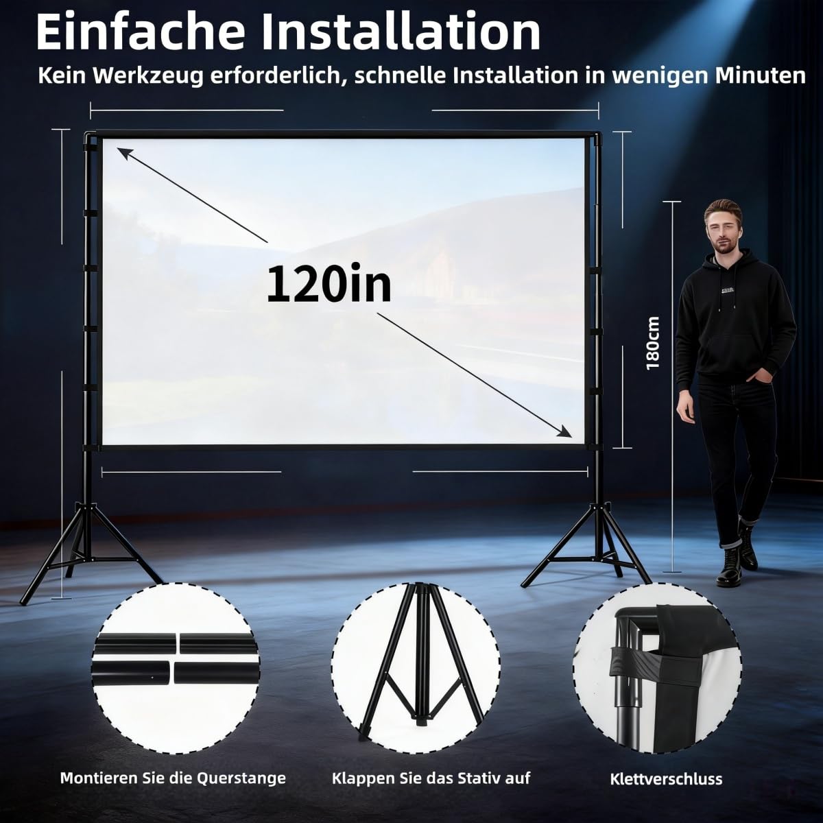 Leinwand Beamer mit Ständer 120 Zoll, Doppelstützen für mehr Stabilität, Schnell & Einfach Aufgebaut, Tragbar, Knitterarm, Beamer Leinwand für Outdoor und Garten, Growzelt