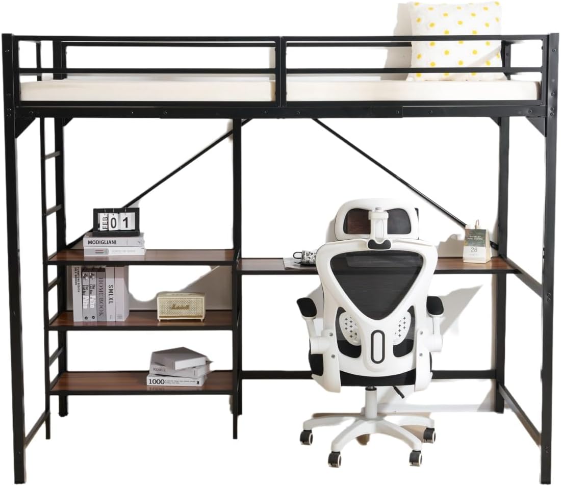 【新作】【ブラック】ロフトベッド パイプベッド シングル ベッド デスク付 ブラック ロフトベッド パイプベッド デスク付き ラック棚付き