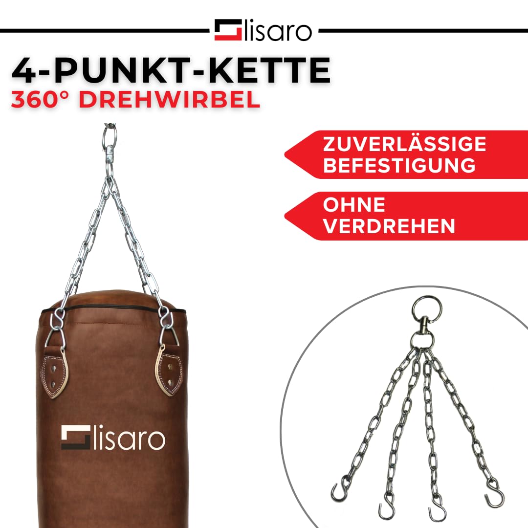 Lisaro Professionele bokszak/zandzak 150 cm | geschikt voor elke sport | Ca. 40 kg | gevuld/ongevuld | incl. vierpunts - stalen ketting | materiaal kunstleer (vinyl) | studiokwaliteit | bruin