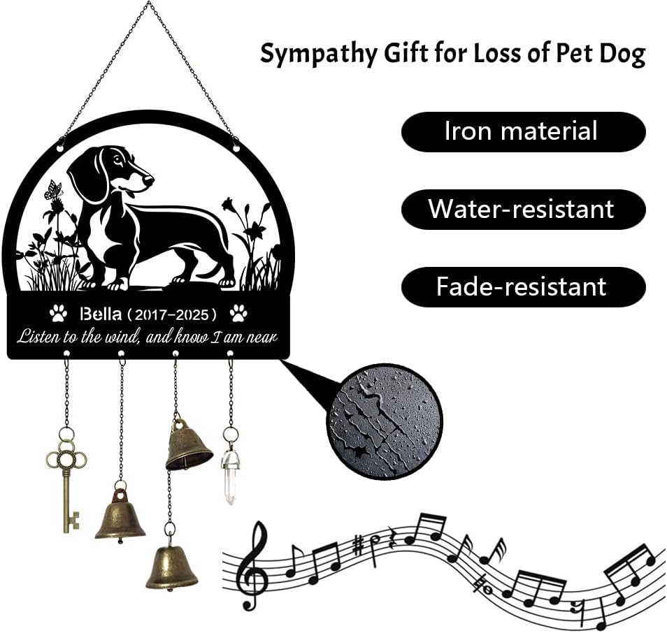 COWCUTE Personalized Dachshund Memorial Wind Chimes – Pet Loss Sympathy Gift for Dog Owners, Outdoor Dog Remembrance Wind Chime, Bereavement Gift for Loss of Dachshund, Pet Memorial Garden Decor