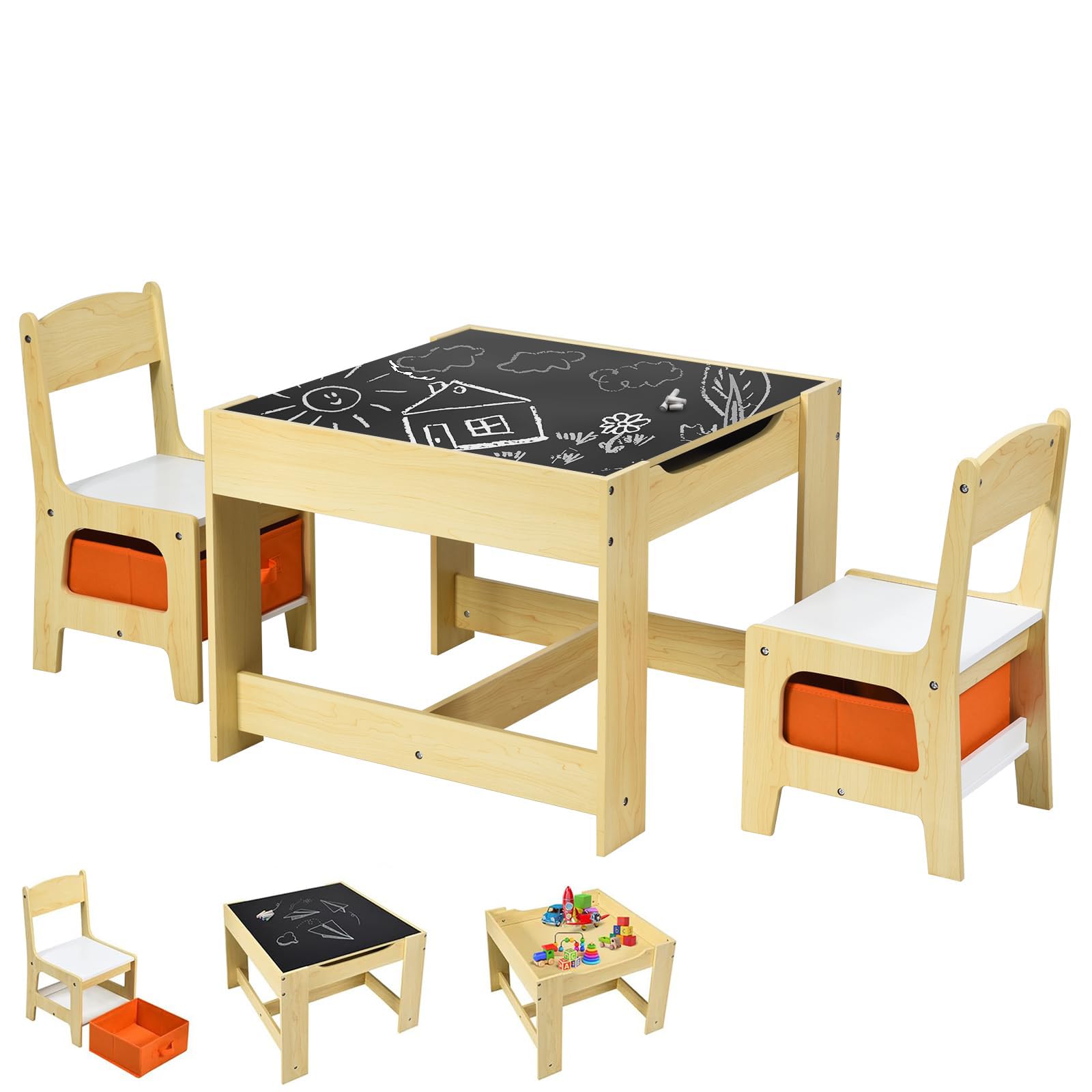 RELAX4LIFE Tavolino Bambini con Sedie, Tavolino Legno 3 in 1, Tavolo per Bambini con Piano Reversibile (Lavagna/Bianco) e 2 Sedie con Cassetti (62 x 62 x 48,5 cm, Naturale)