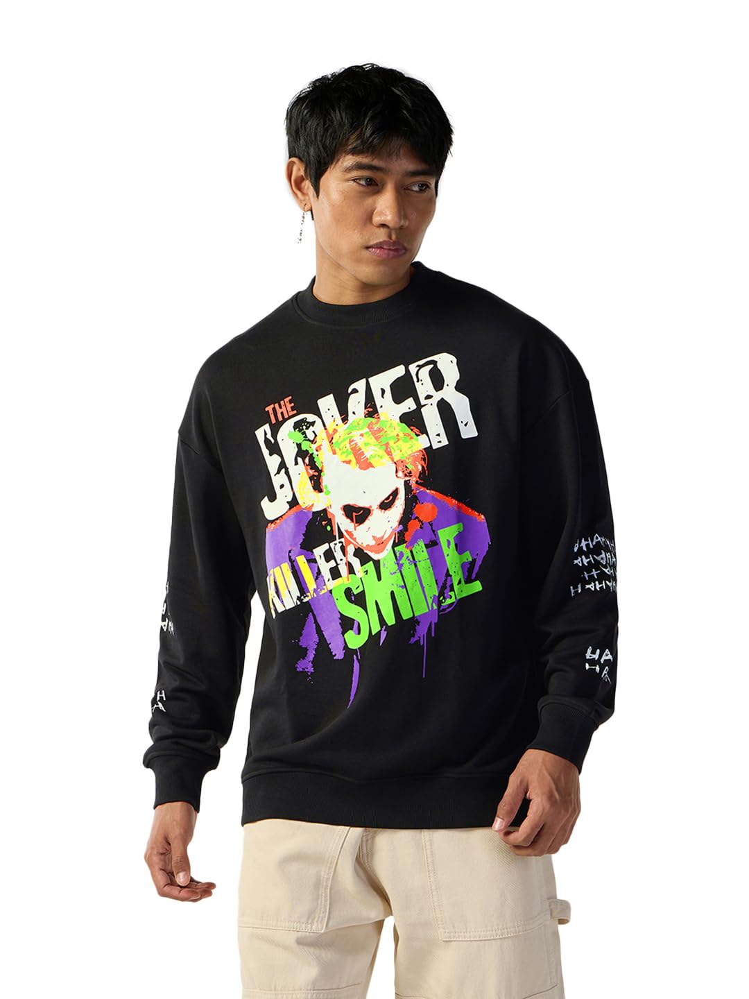 bewakoof Official DC Merchandise Joker Men's Graphic Printed Oversized Fit Full Sleeve Round Neck Terry Sweatshirt-picture-29