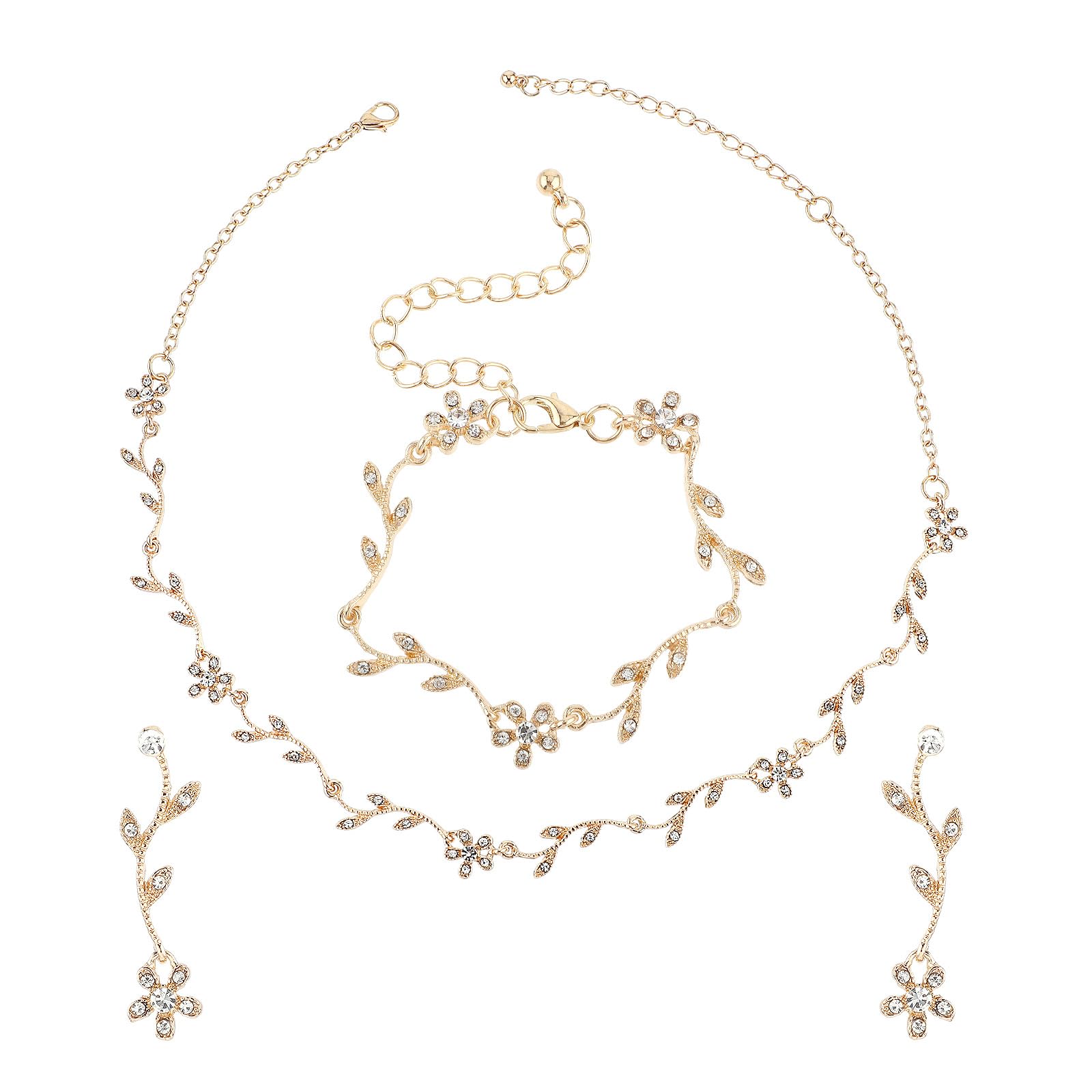 Conjunto de Joyas de Diamantes de Imitación para Novia Collar de Cristal Dorado Pendientes Pulsera Collar con Colgante de Diamantes de Imitación de Boda Floral Joyería Nupcial para Dama de Honor