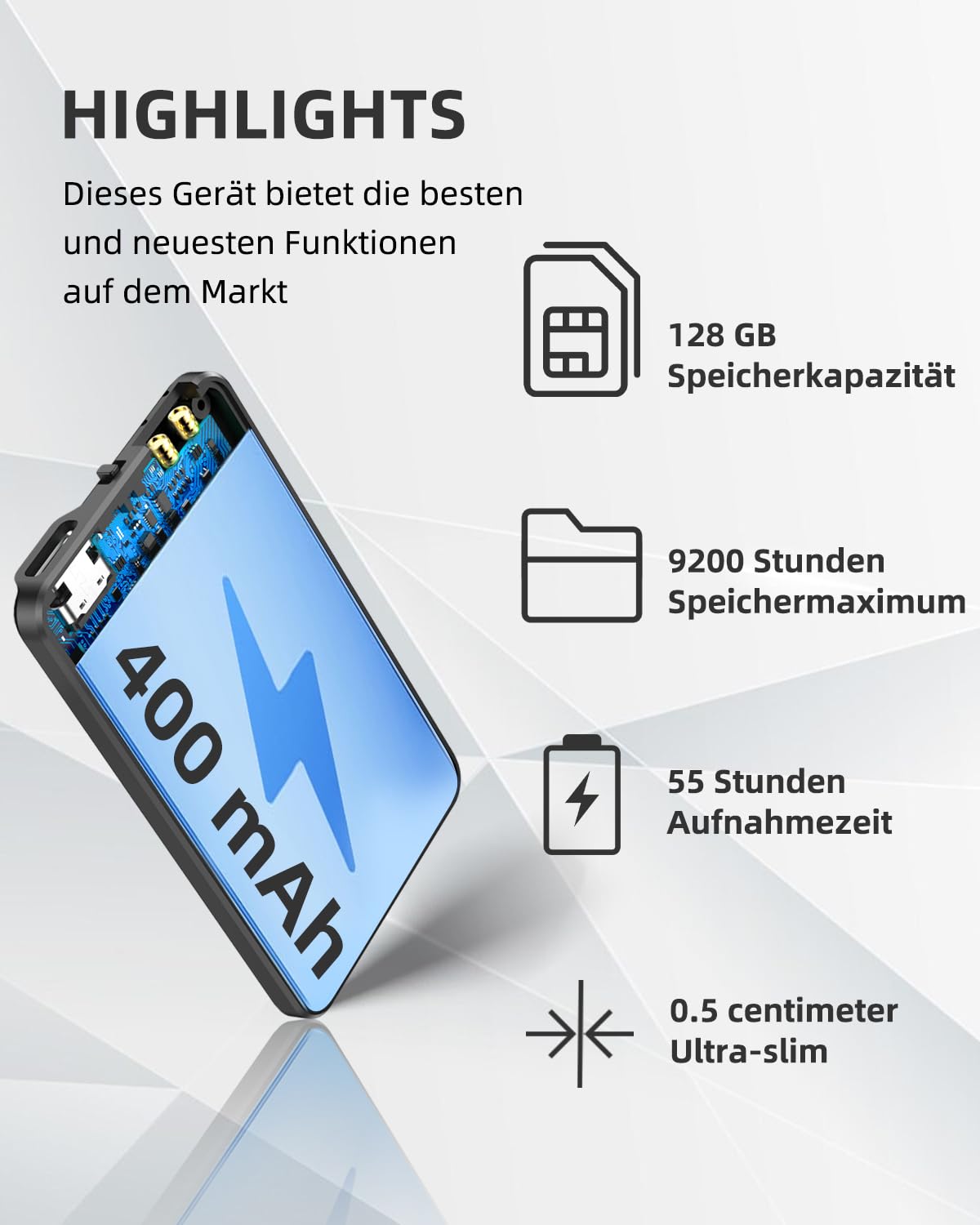 Dyktafon magnetyczny 128 GB, nagrywarka audio z potrójną redukcją szumów, magnetowid z funkcją magnetyczną, nagrywarka aktywowana głosem o pojemności 9200 godzin, urządzenie z odtwarzaniem