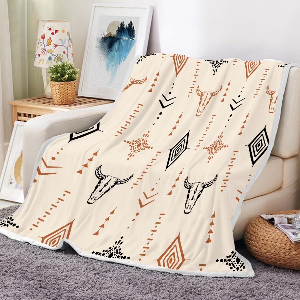 BATRUG Boho Western Bull Skull Blanket, Beige Southwestern Cow Bohemian Geometric Pattern for Home Decor, Native Aztec Longhorn Head Cowboy Blanket