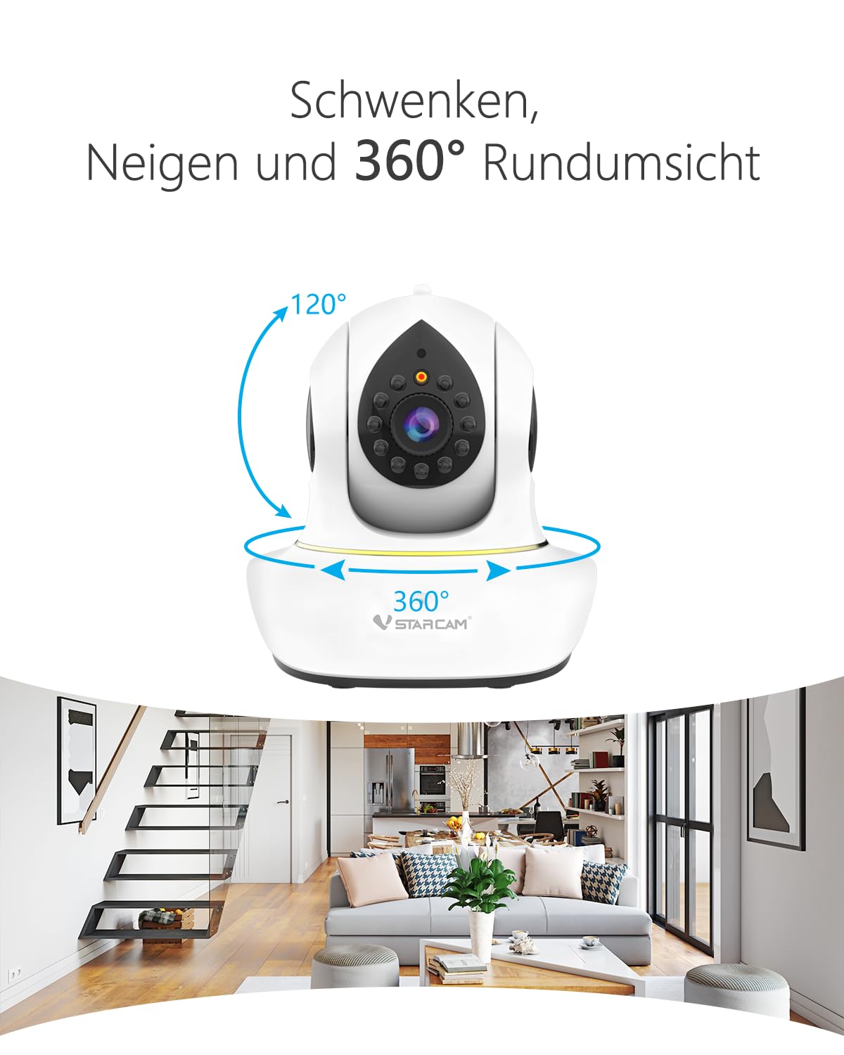 VSTARCAM Caméra de surveillance intérieure 2K avec vision nocturne infrarouge, pivot et inclinaison 360°, suivi, application mobile