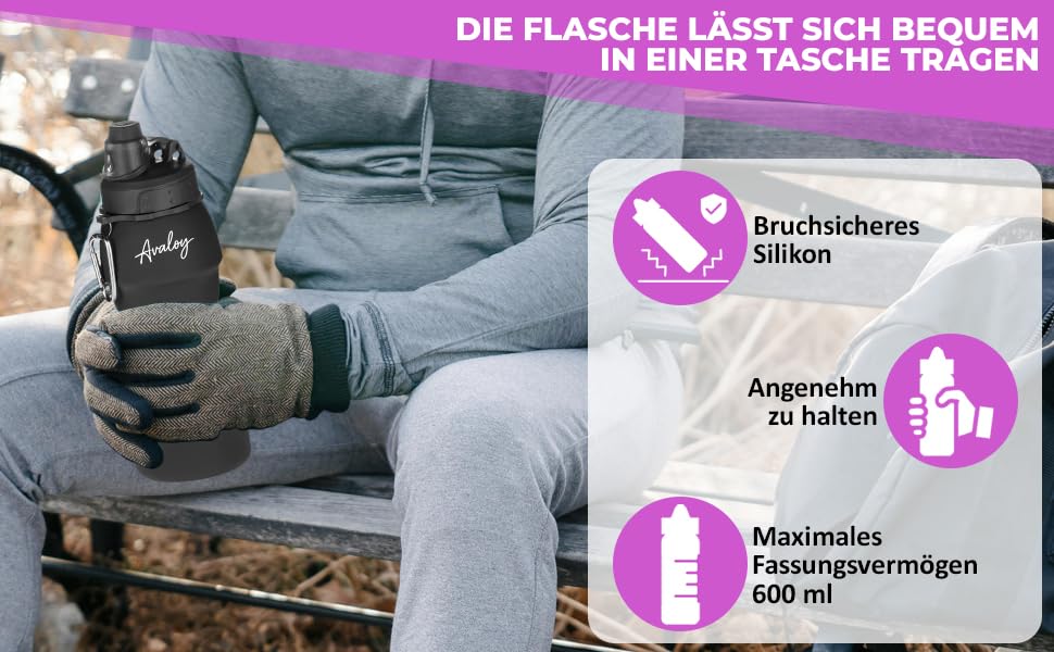 Avaloy faltbare Trinkflasche auslaufsicher Trinkflasche Silikon 600 ml Wasserflasche für kohlensäurehaltige Getränke Wasserflasche weiche Flasche Festival Flasche (Schwarz)