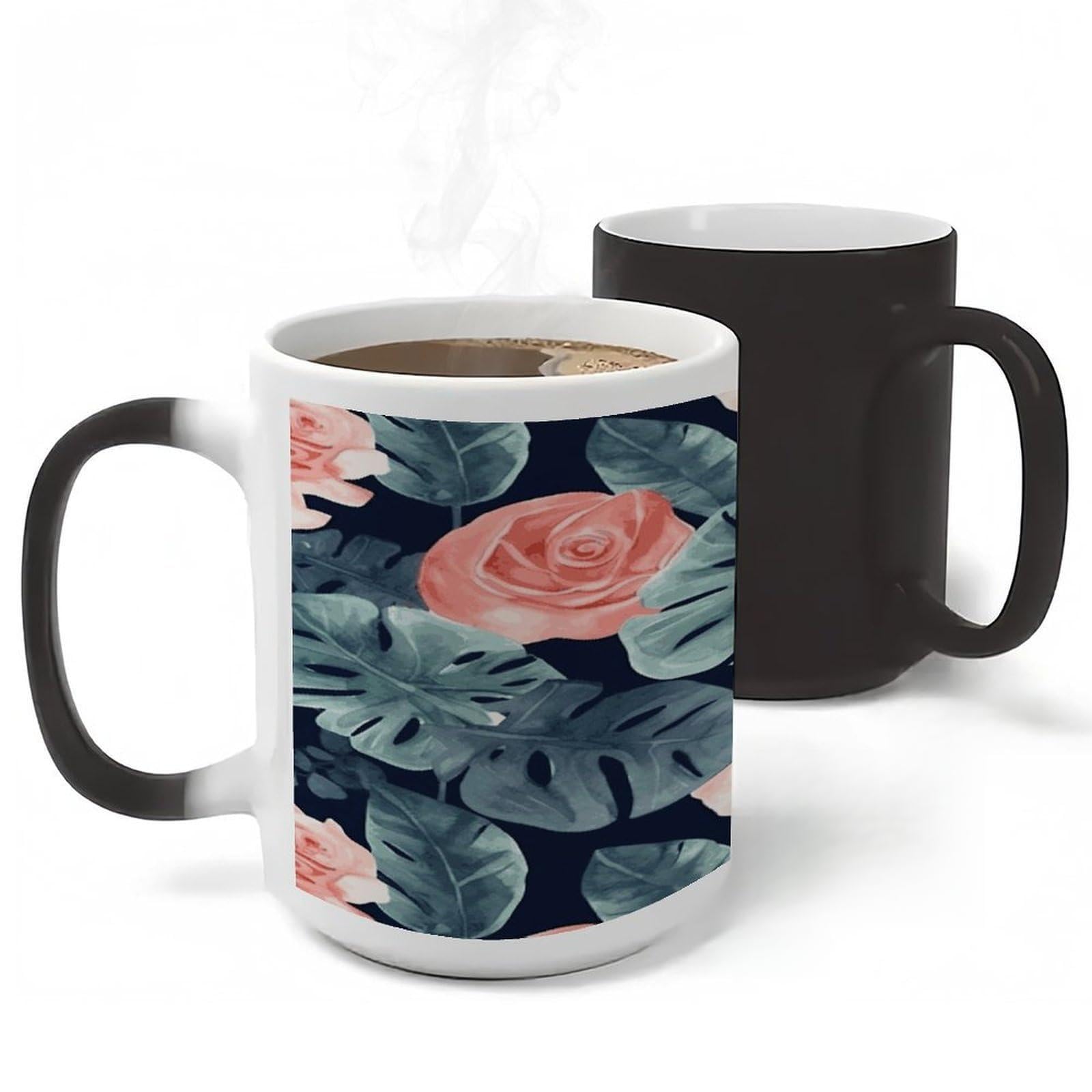 Watercolor Monstera Pattern Magic Mug Novelty Heat Sensitive Coffee Cup Funny Discoloration Mugs Personalized Color Changing Cup Custom Color Ceramic Mug for Friends Office Coworkers