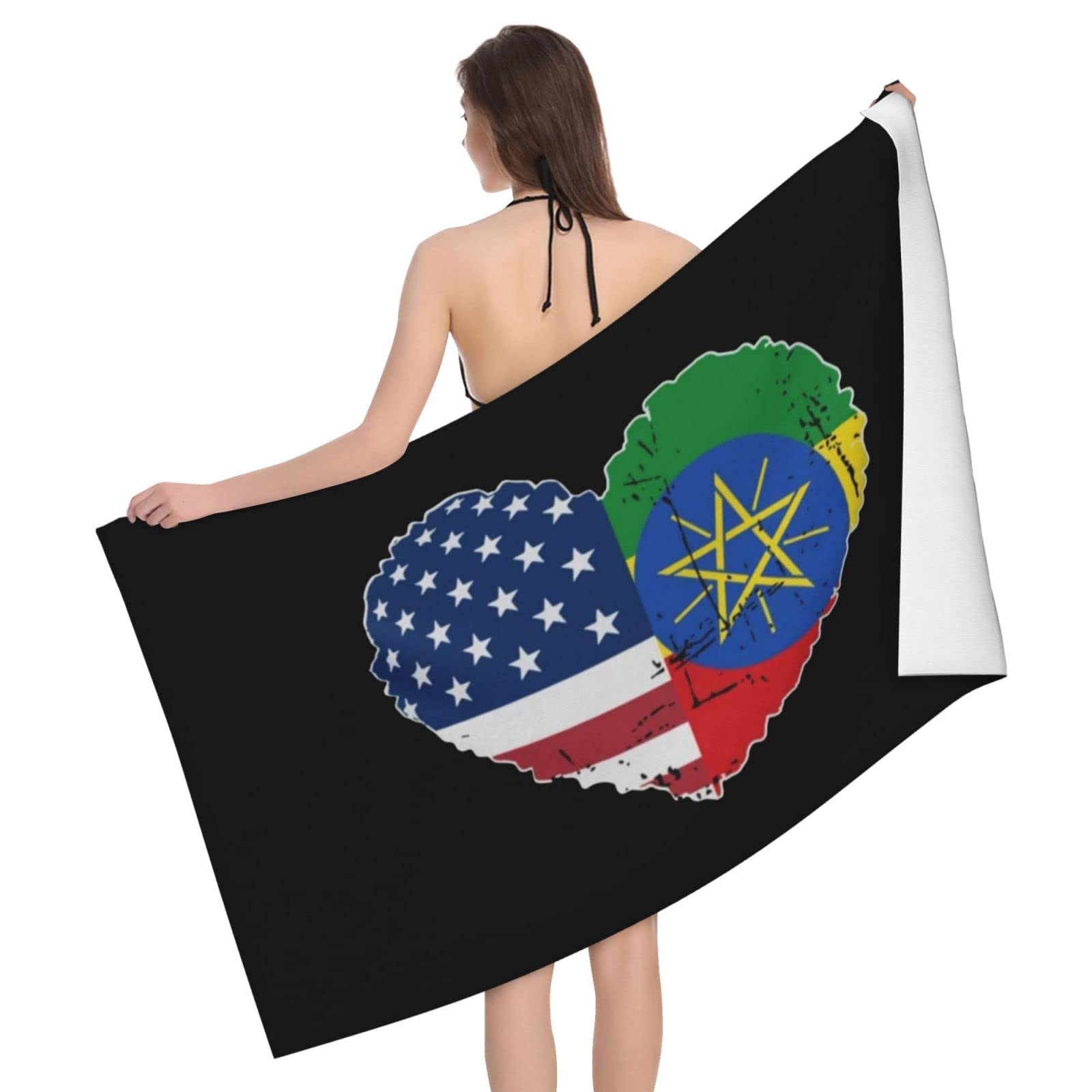 Lsjuee Ethiopia USA Flag Heart Beach Towel Absorb Water Quick Dry Bath Towel, for Beach, Swimming Pool, Camping