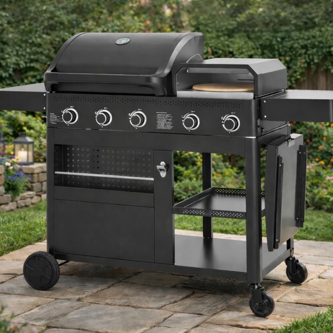 Cook'in Garden - Barbacoa de gas FLAMY 3 en 1, plancha + horno para pizza + barbacoa de gas 3 quemadores, parrillas de hierro fundido esmaltado