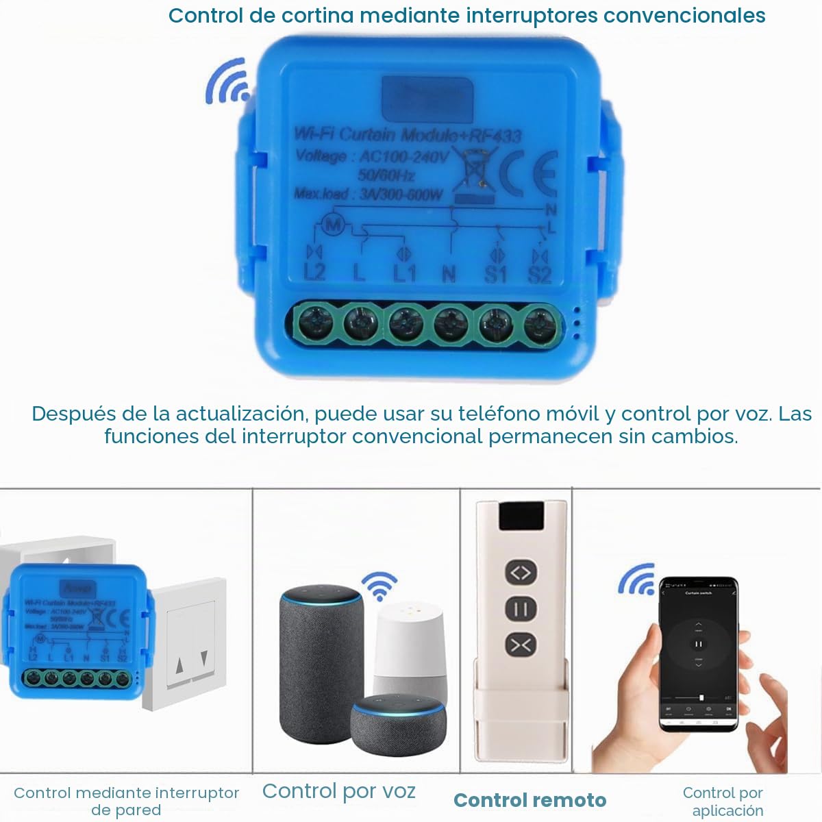 Interruptor de Persianas WiFi con Mandos a Distancia RF y Módulo Receptor, Control de Persianas Eléctricas para Cortinas, 433 MHz Módulo Control Temporizador, Dispositivos Smart Life