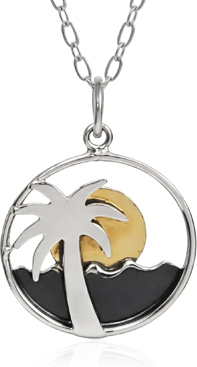 EnCharmed Sterling Silver and Bronze Tropical Palm Tree Sunset Charm Necklace, Coastal Island Pendant Jewelry, 18"
