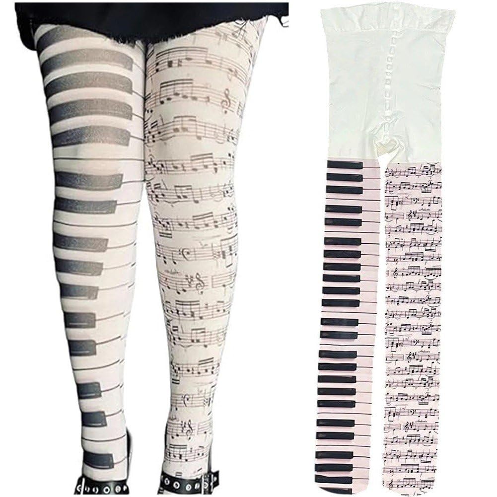 Danlai Piano Patterned Stockings Musical Note Print Sheer Hosiery Stretchy Tights Jk Style Piano Tights Stockings