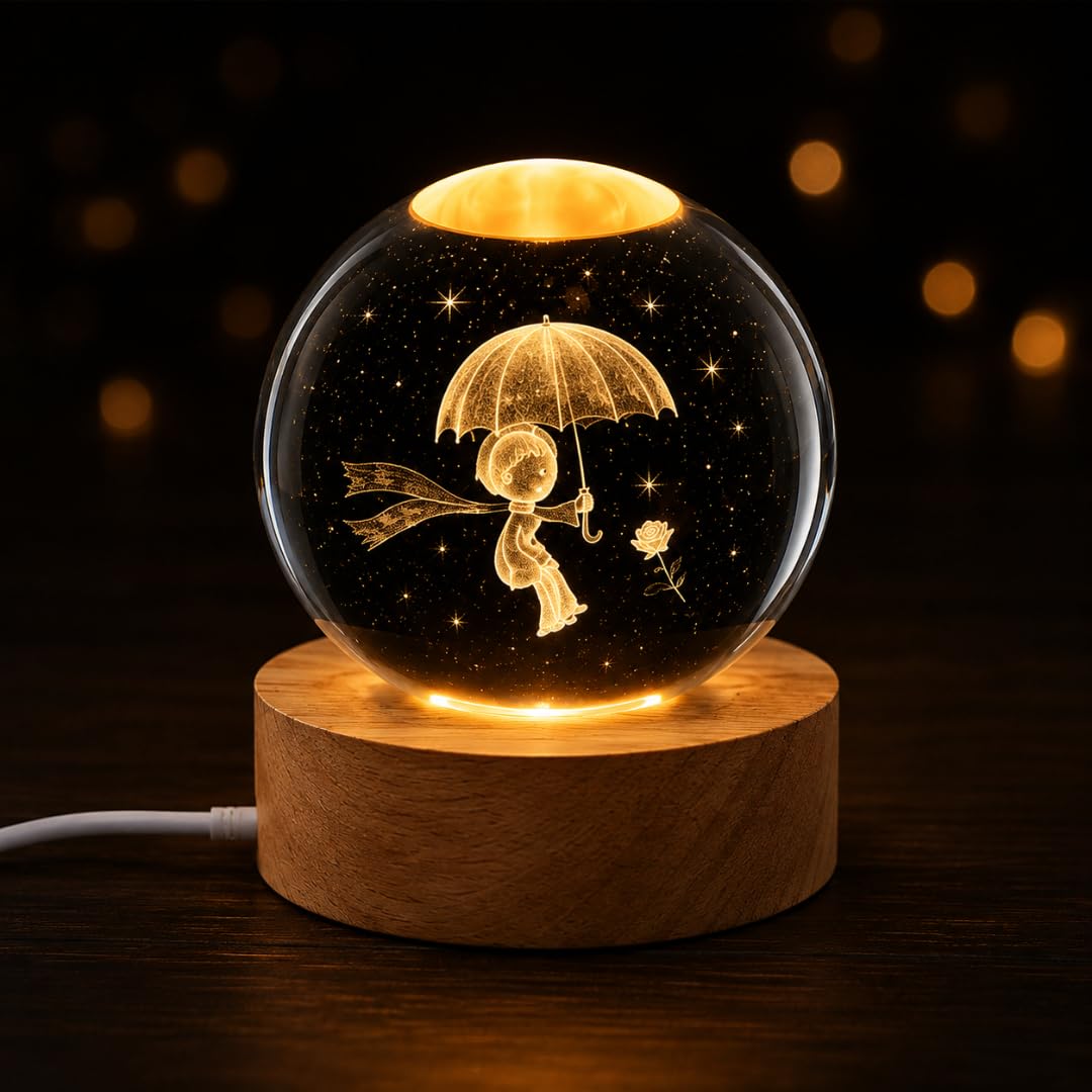 Desidiya 3D Crystal Ball Night Light | Engraved Monsoon Boy Crystal Ball LED Night Light with Wooden Base, USB Powered | Romantic Home Décor & Rakshabandhan Gift for Bro, Him & Couples (Warm White)