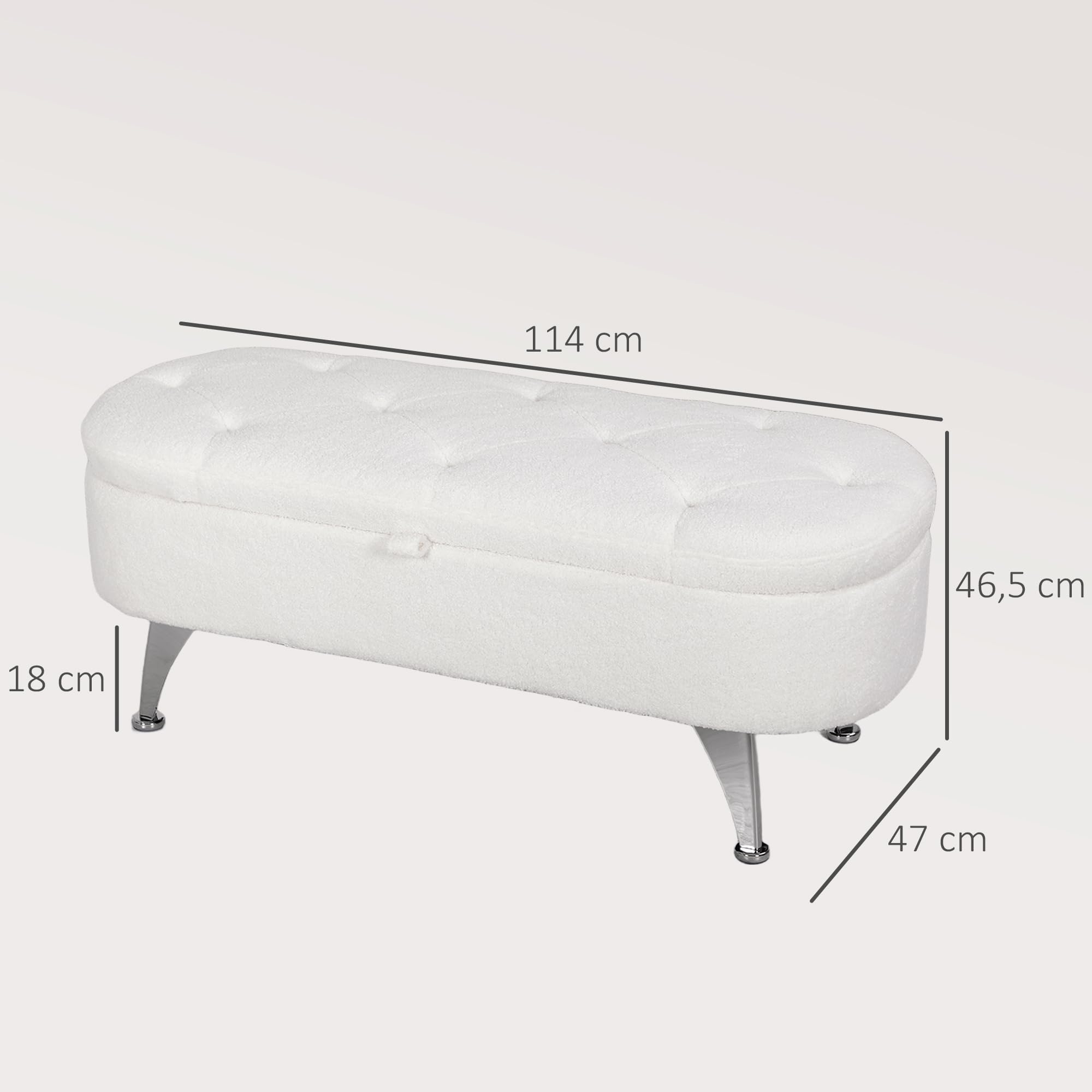 HOMCOM Banco de almacenamiento acolchado con tapa, con aspecto de oso de terciopelo, para pasillo, dormitorio, salón, estructura de metal, 114 x 47 x 46,5 cm, color blanco