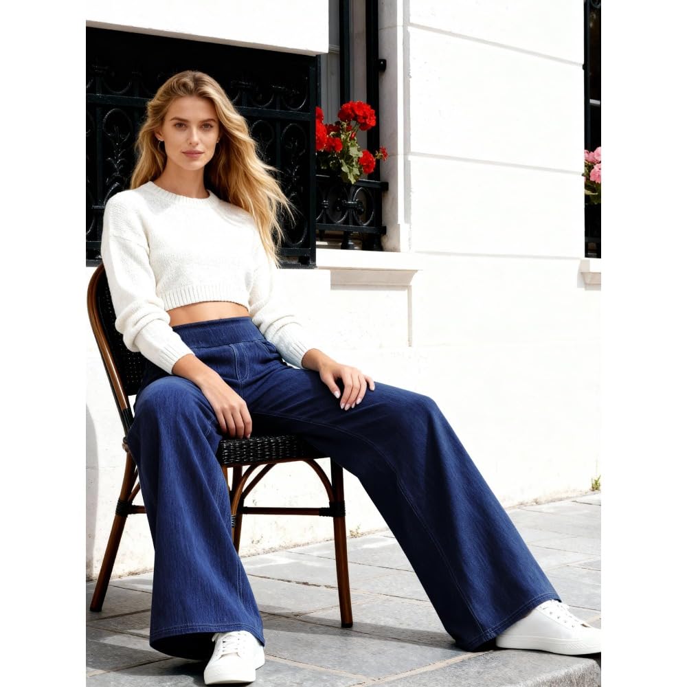 Jeans Mujer Stretch de Pierna Ancha y Recta Tiro Alto Estilo Baggy Moderno Pantalones Casual Efecto Moldeador con Bolsillos slim/A/XL
